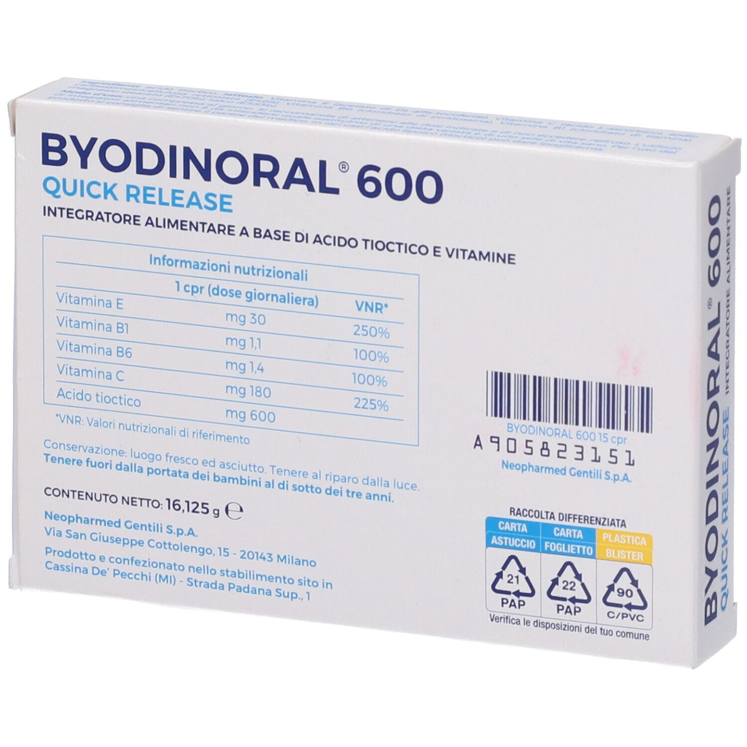 Retro della scatola Byodinoral 600. Informazioni nutrizionali e ingredienti. Bianco.