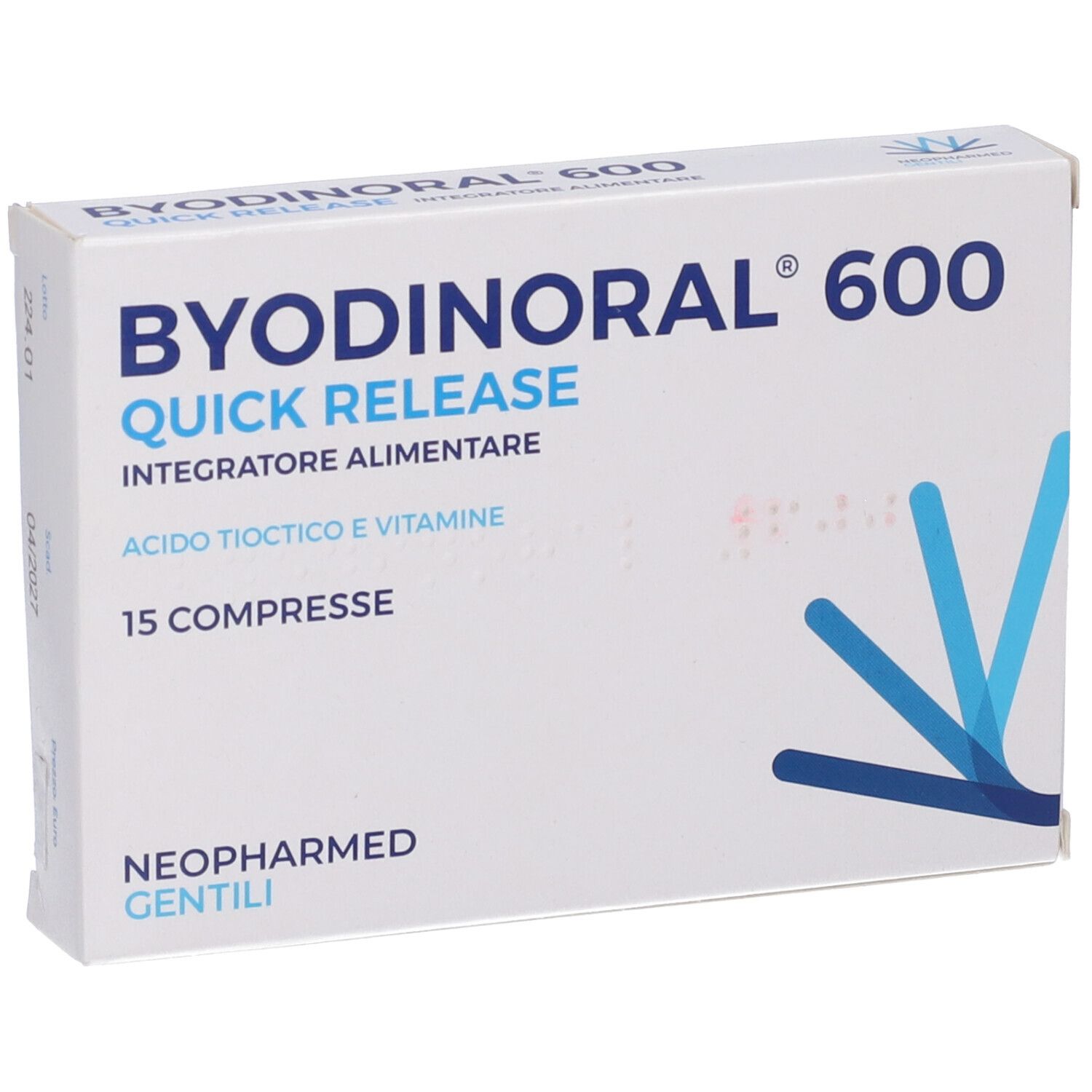 Scatola Byodinoral 600, Quick Release. Confezione bianca con linee blu. Vista laterale.