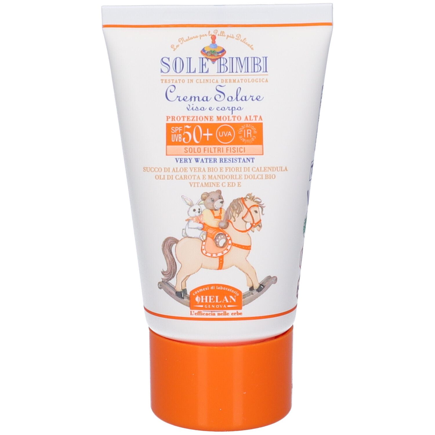 Tubo crema solare. Scritta: SOLE BIMBI, SPF50+, Crema Solare. Altissima protezione. Resistente all'acqua.
