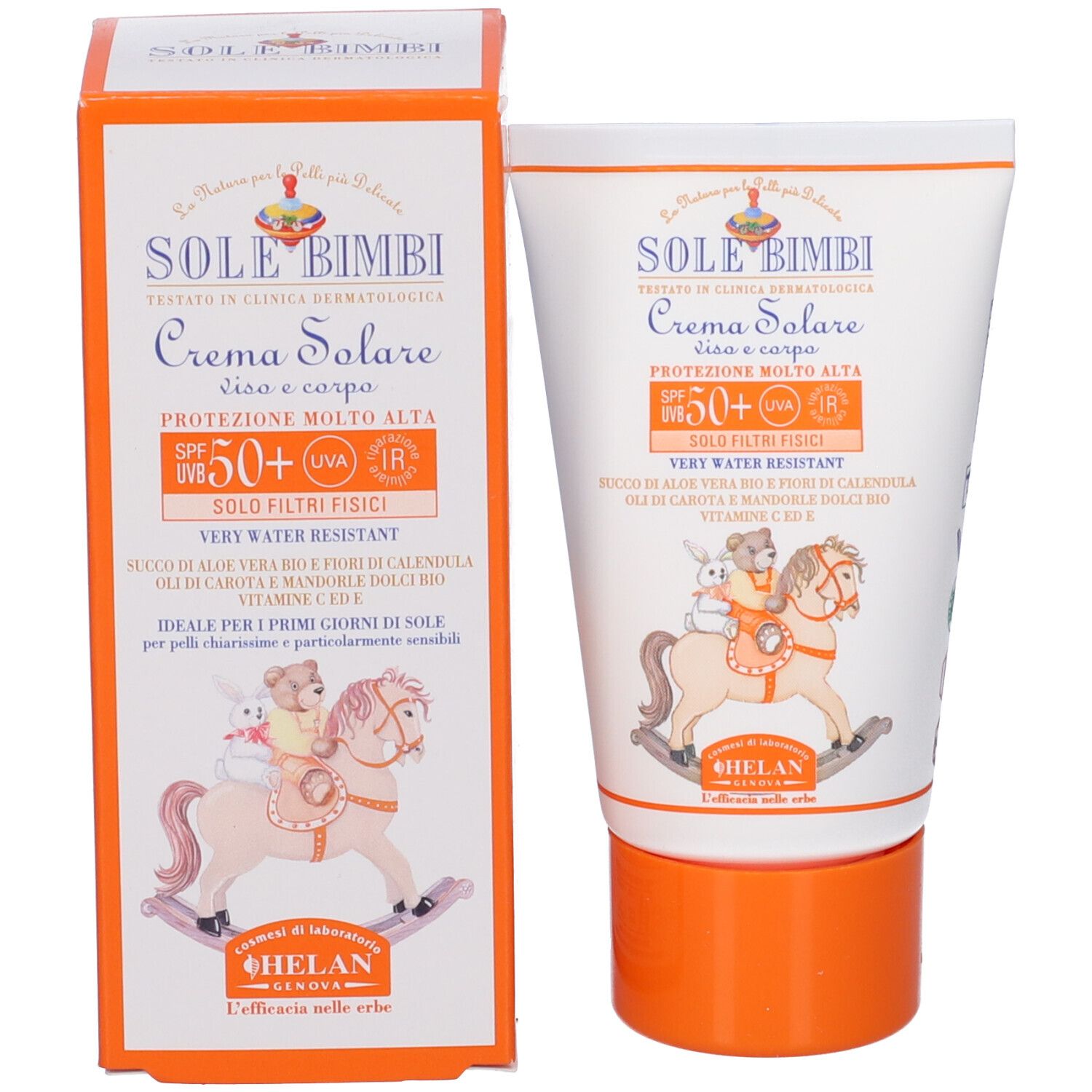 Tubo e confezione crema solare. Scritta: SOLE BIMBI, SPF50+, Crema Solare. Per viso e corpo.