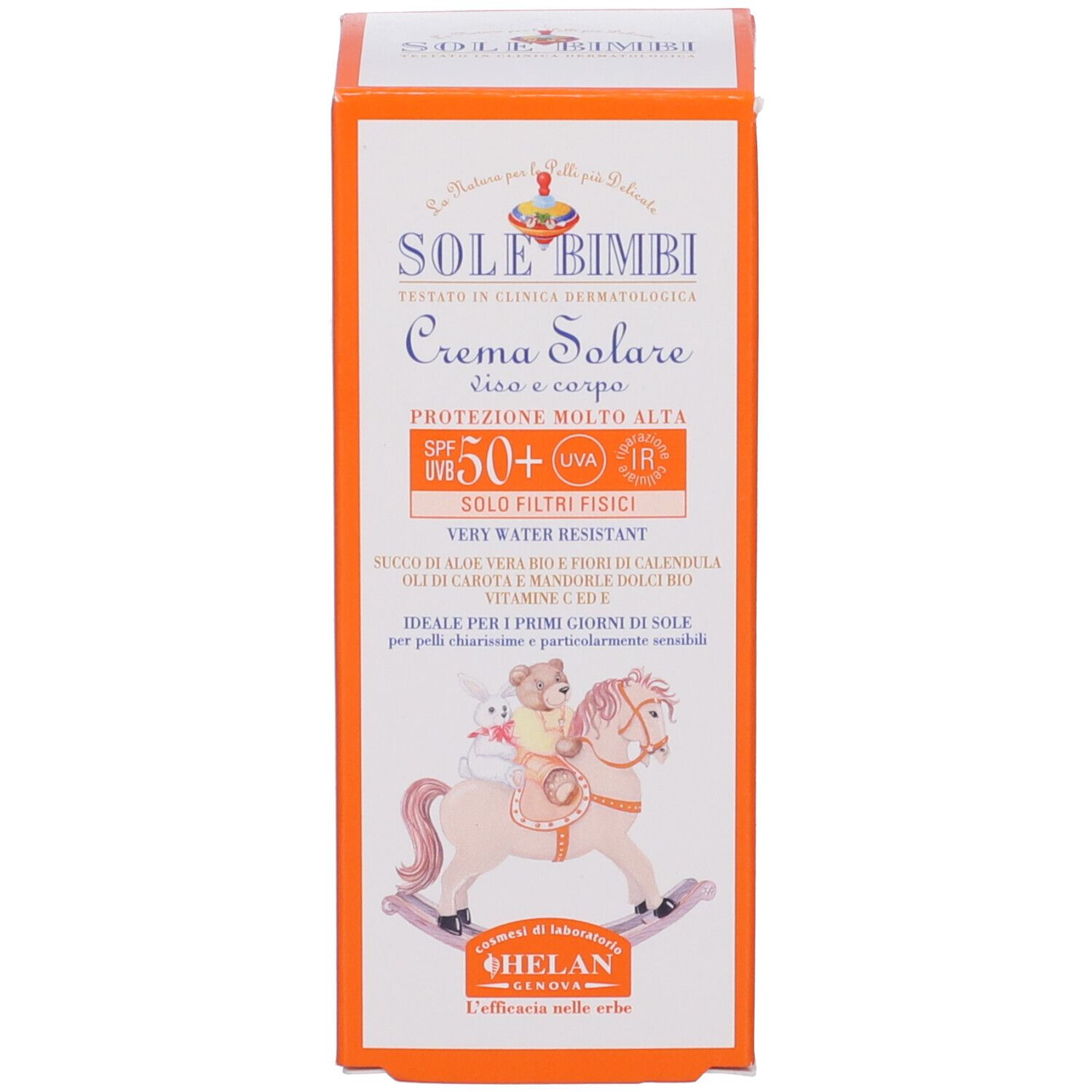 Confezione crema solare. Scritta: SOLE BIMBI, SPF50+, Crema Solare. Per viso e corpo.