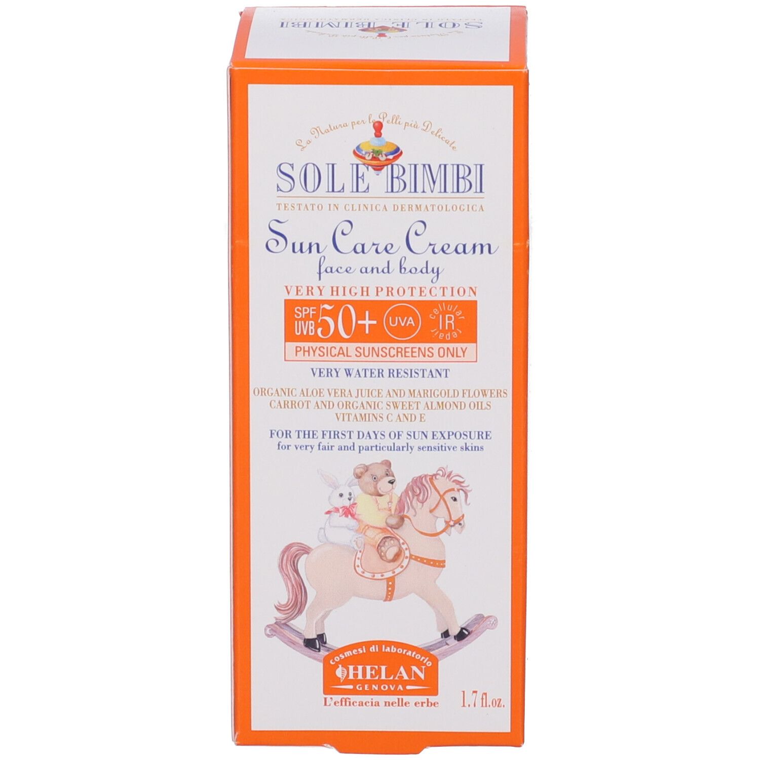 Confezione crema solare. Scritta: SOLE BIMBI, Sun Care Cream, SPF50+. Per viso e corpo.