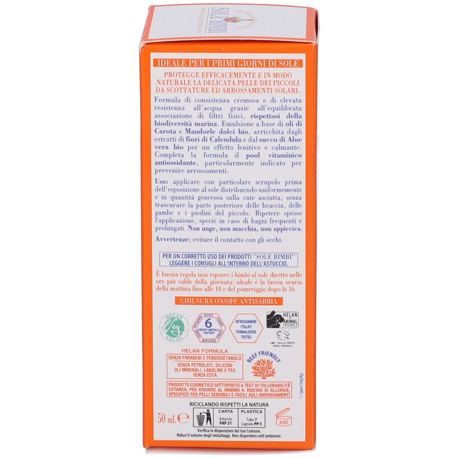 Retro della confezione crema solare. Testo. Scritta: SOLE BIMBI. Ingredienti. 50 ml.