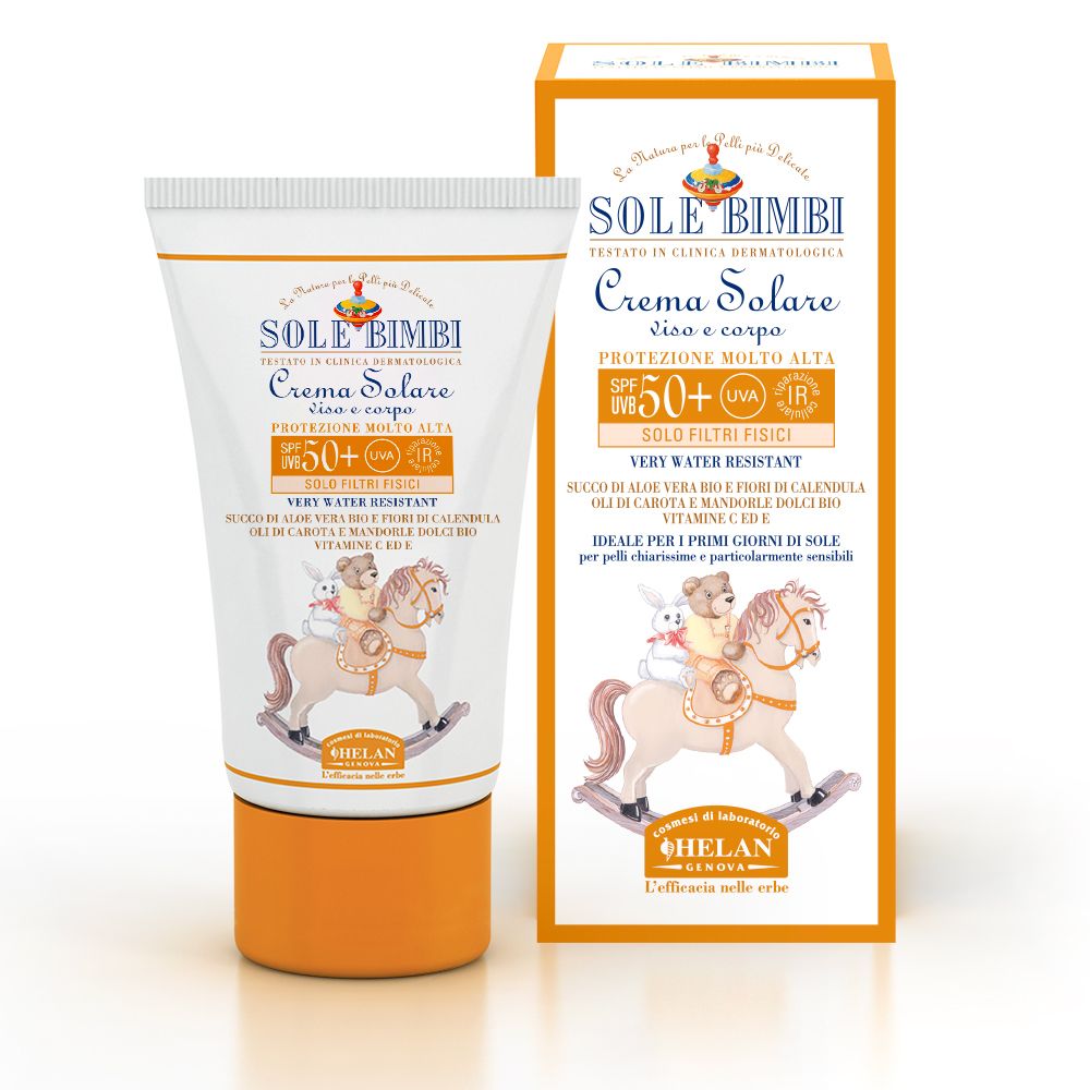 Tubo e confezione crema solare. Bianco, arancione. Scritta: SOLE BIMBI, SPF50+, Crema Solare. Con illustrazione.