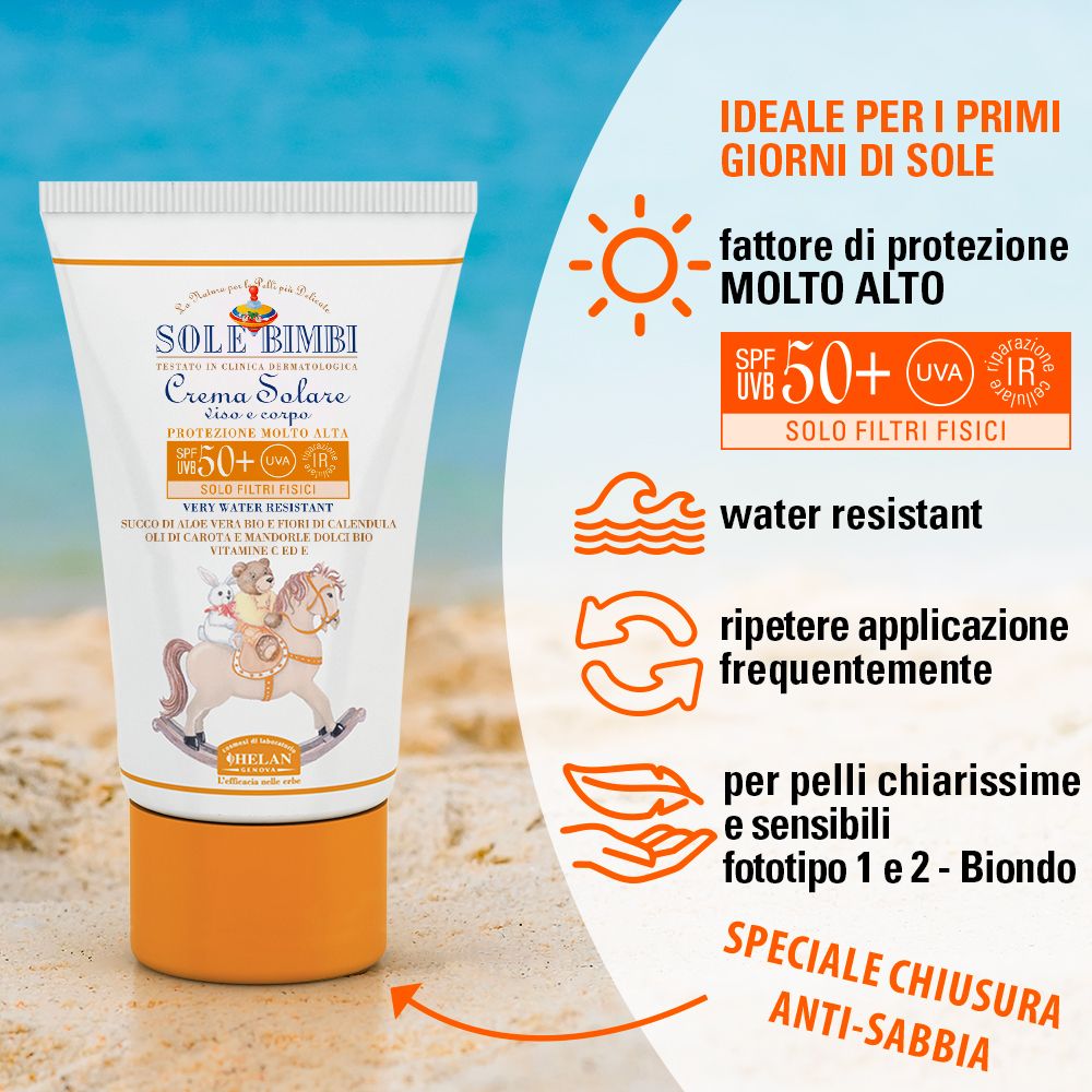 Tubo crema solare con testo. Scritta: SOLE BIMBI, SPF50+, Crema Solare. Resistente all'acqua. Per pelli chiare.