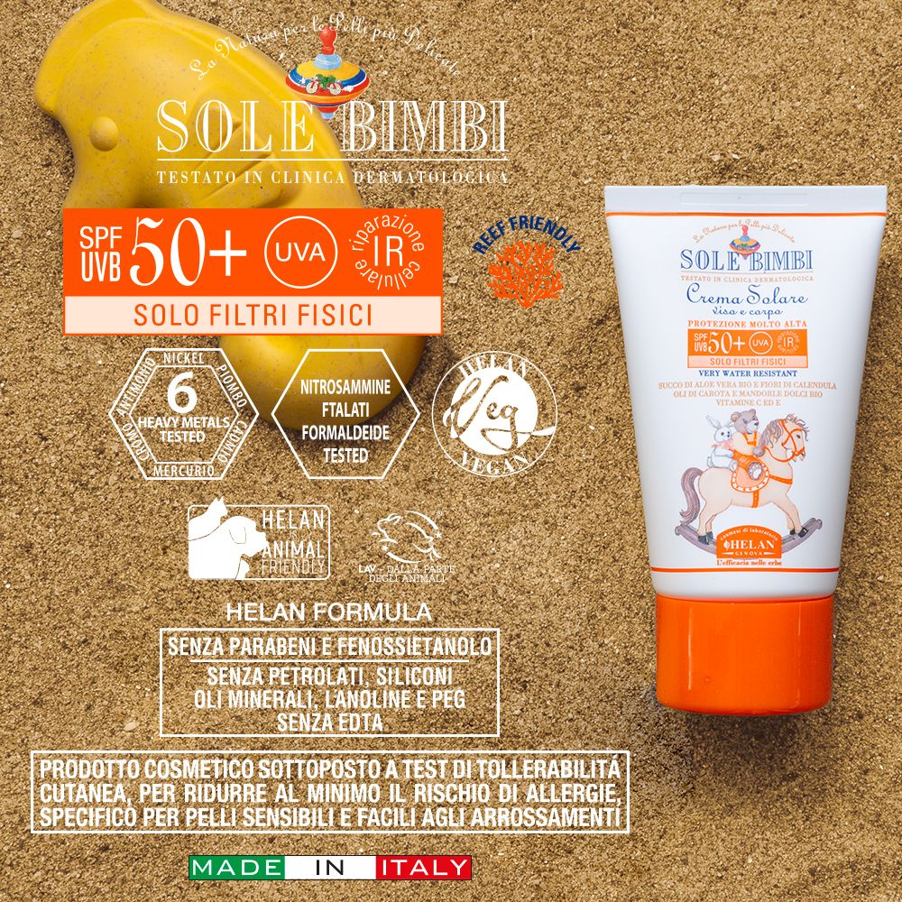 Tubo crema solare. Scritta: SOLE BIMBI, SPF50+. Dermatologicamente testato. Vegano. Senza parabeni.