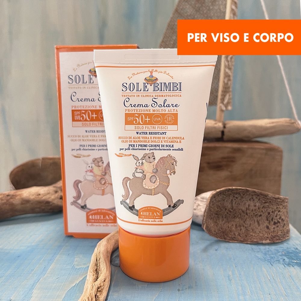 Tubo e confezione crema solare. Scritta: SOLE BIMBI, SPF50+, Crema Solare. Per viso e corpo.