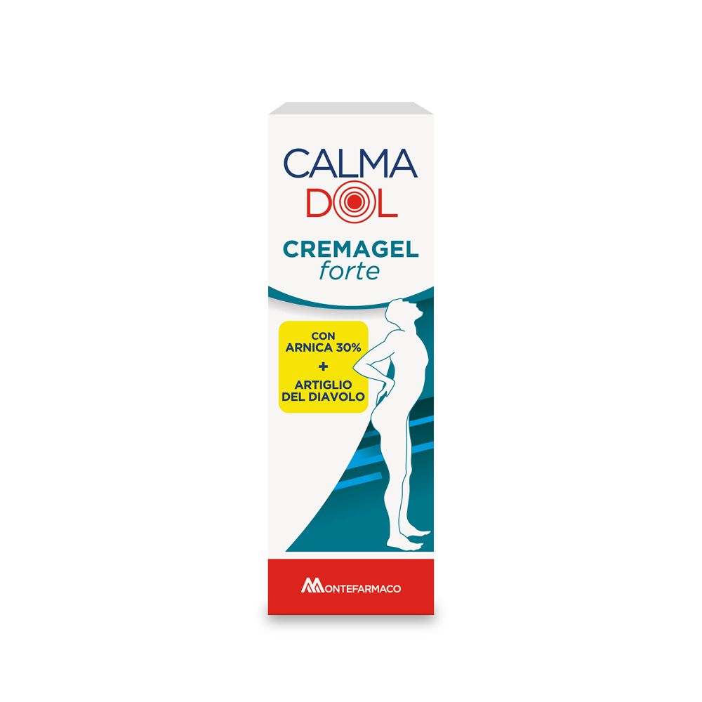 Confezione Calmadol Cremagel Forte. Contiene Arnica 30% e Artiglio del diavolo. Bianco, blu e rosso.