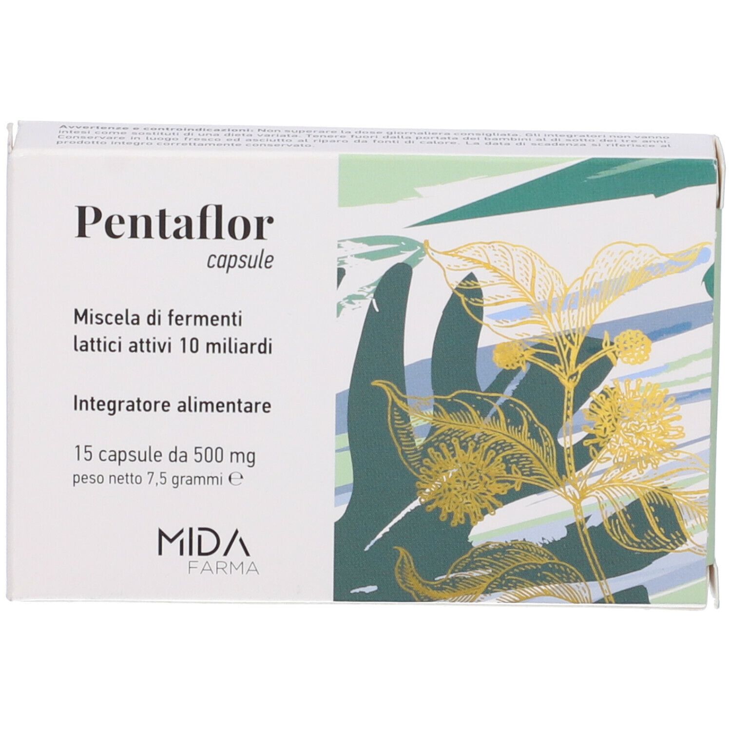 Scatola Pentaflor. Scritto: 15 capsule, 500 mg, 7,5 grammi. Marchio Mida Farma.