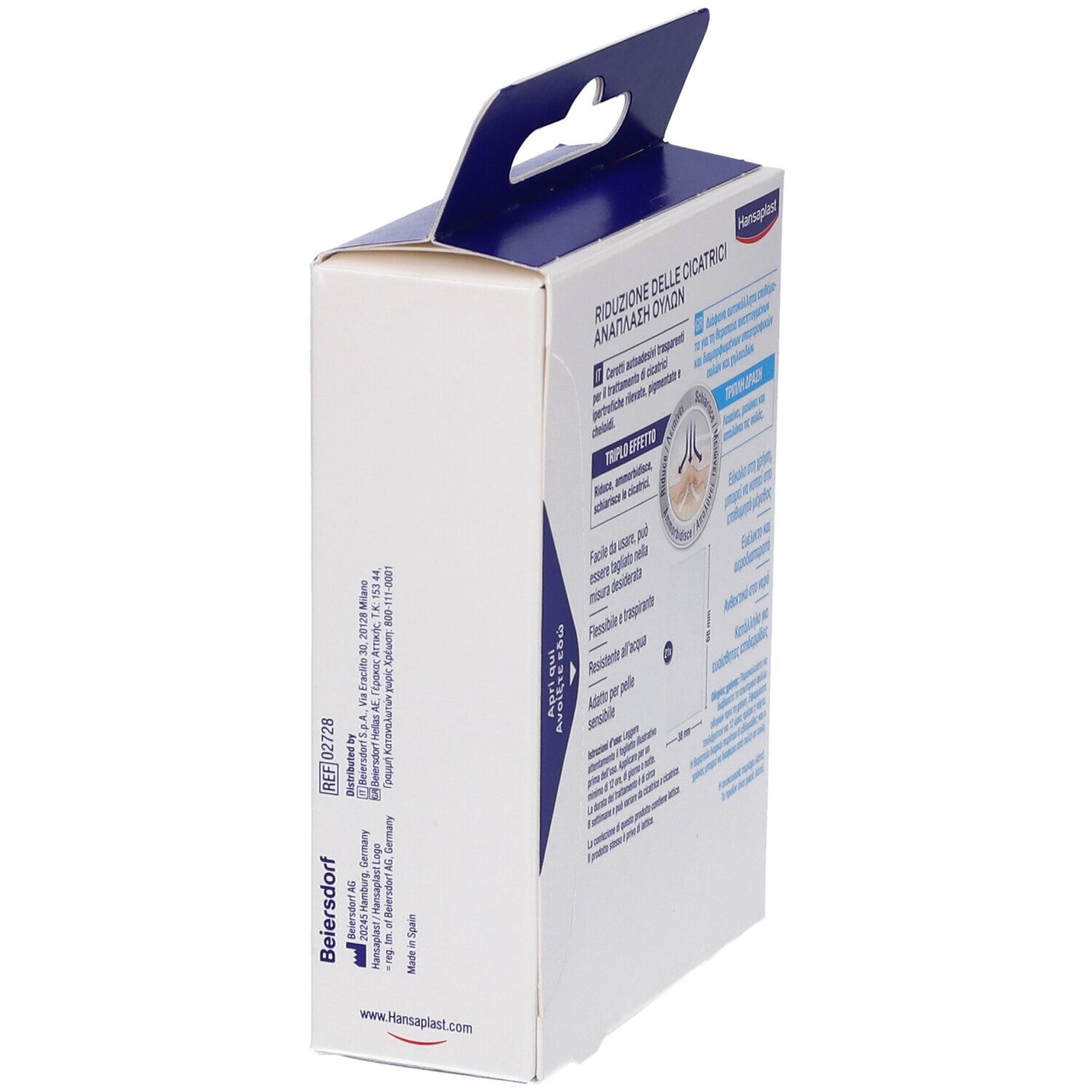 Vista laterale della confezione Hansaplast. Informazioni sulla riduzione delle cicatrici. Produttore: Beiersdorf.