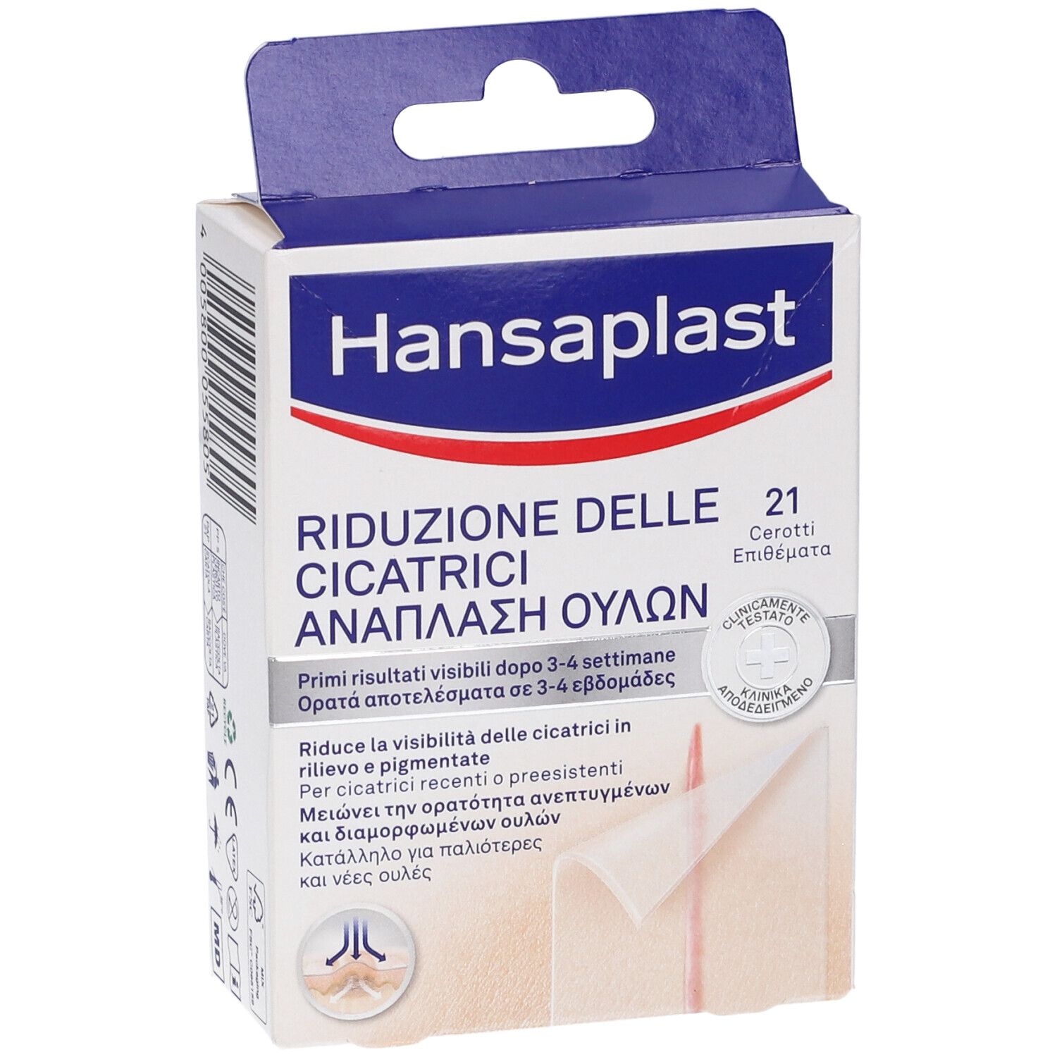 Vista frontale della confezione Hansaplast. 21 cerotti per la riduzione delle cicatrici. Clinicamente testato. Risultati visibili.