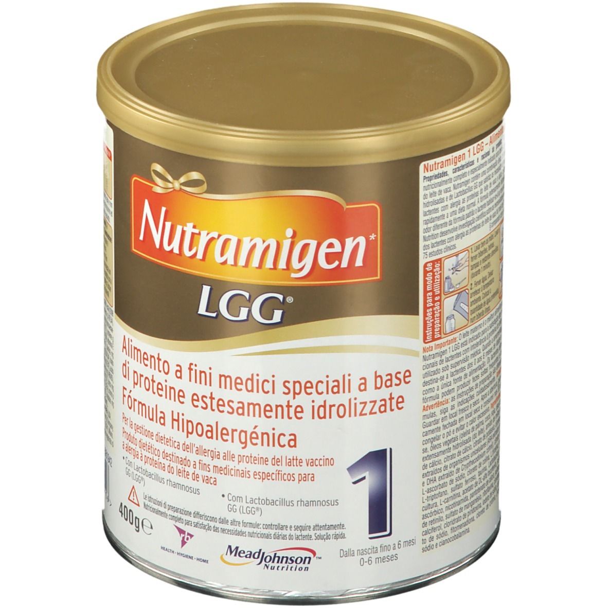 Latta Nutramigen LGG, marrone-oro. Scritta: Nutramigen LGG, 1, 400g. Alimento a base di proteine idrolizzate.