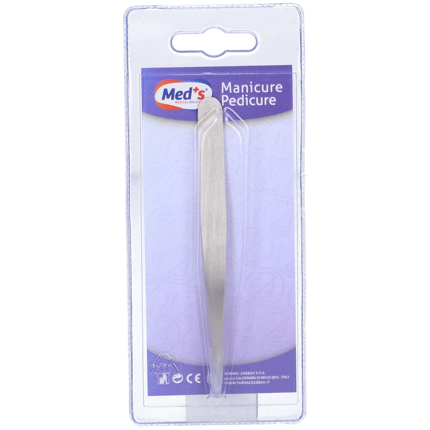 Pinzetta in confezione blister. Marchio Med's. Per manicure e pedicure. Acciaio inox.