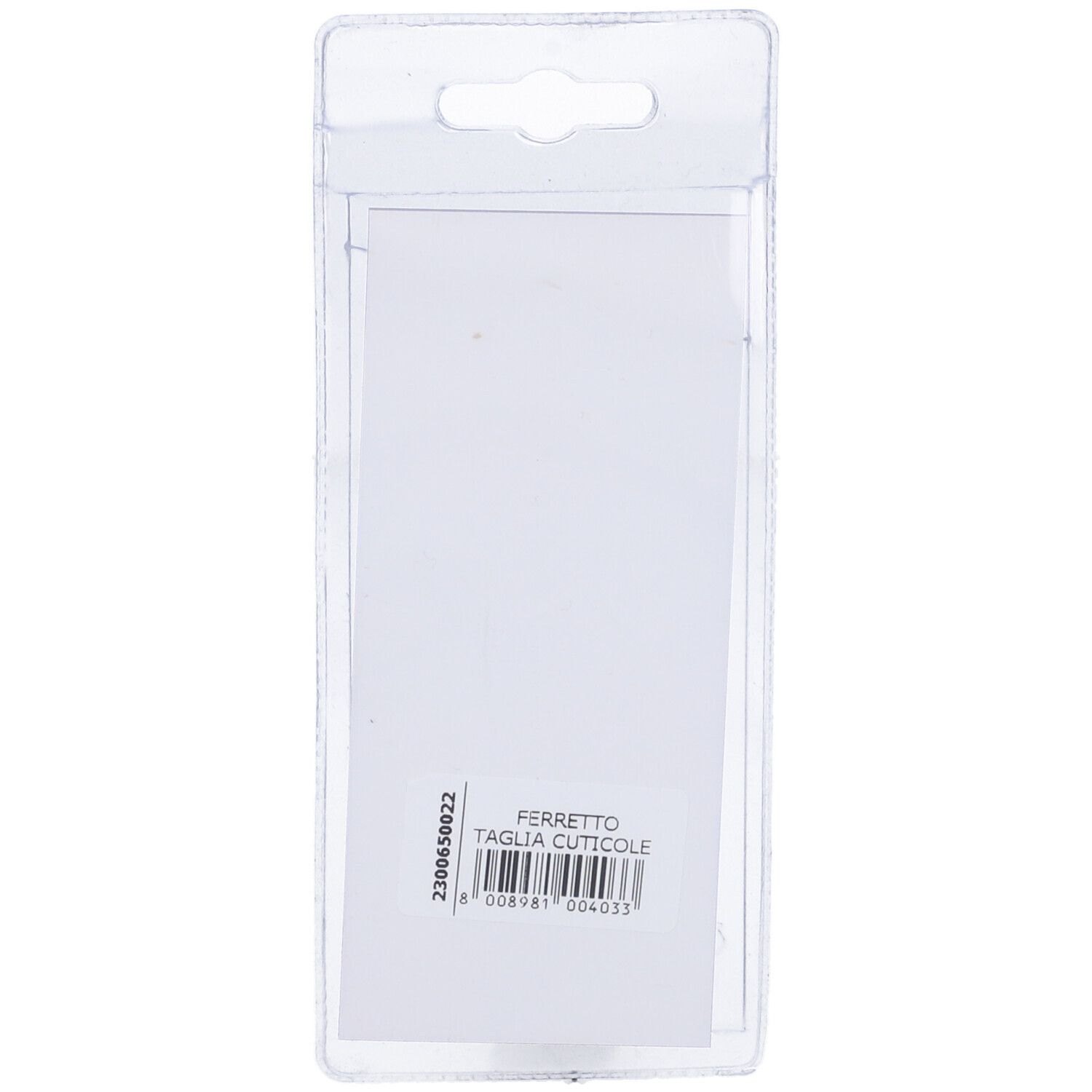 Retro della confezione blister. Nome prodotto: Ferretto Taglia Cuticole. Codice a barre e informazioni.