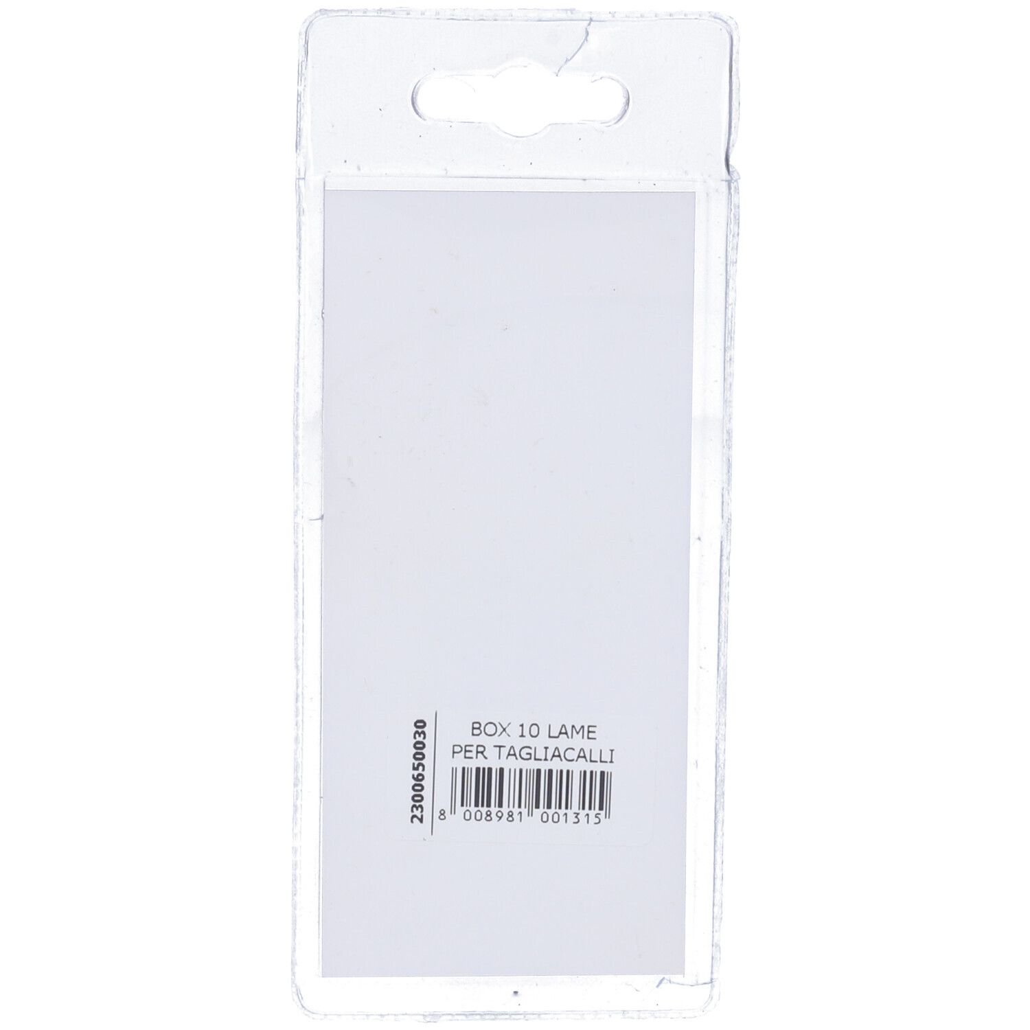 Retro della confezione. Testo: Box 10 Lame per Tagliacalli. Codice a barre e altre informazioni.