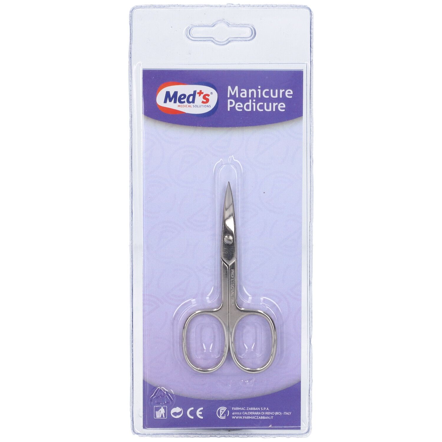 Forbici per unghie e cuticole in blister. Forbici argentate con lama curva. Confezione con logo del marchio e testo 'Manicure Pedicure'.