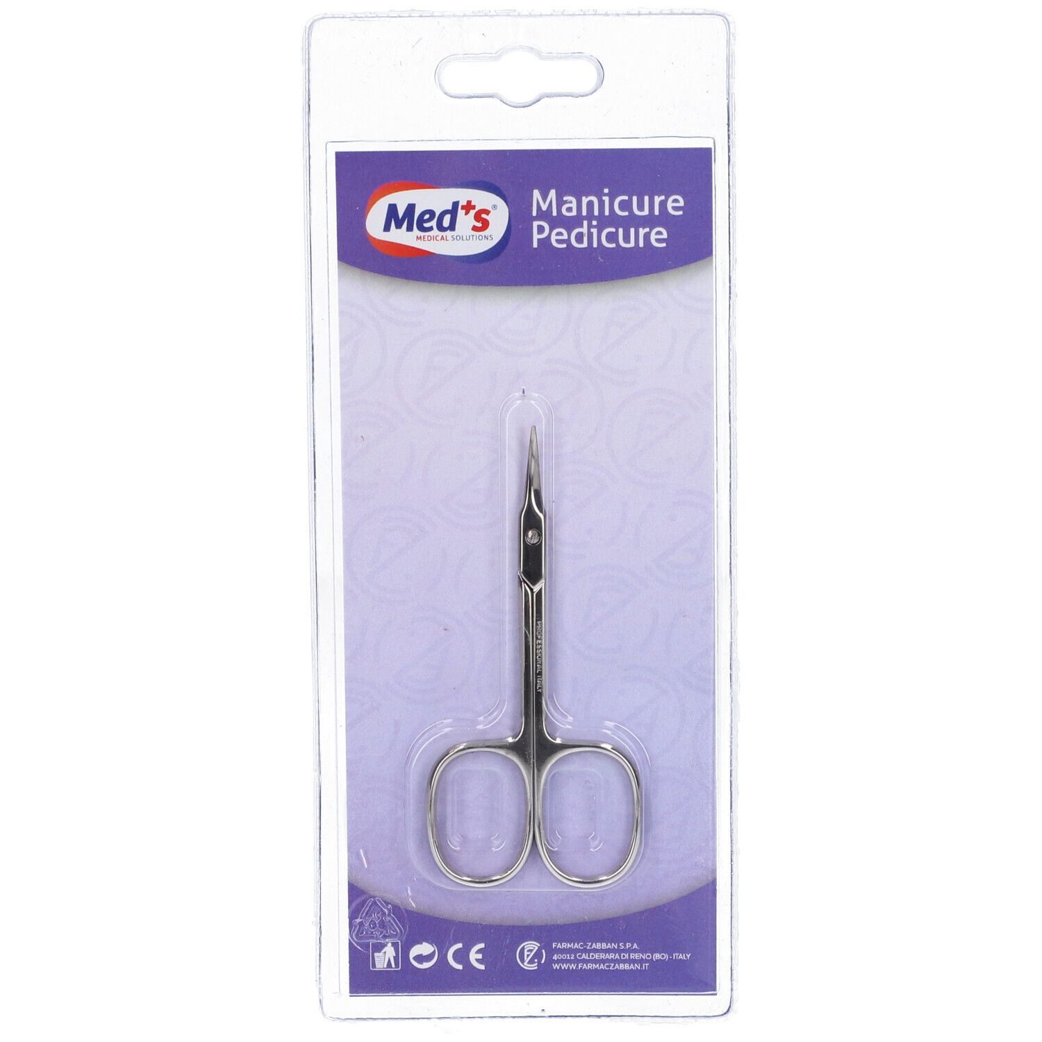 Forbici per unghie e cuticole in blister. Marchio Med's. Scritta: Manicure Pedicure.