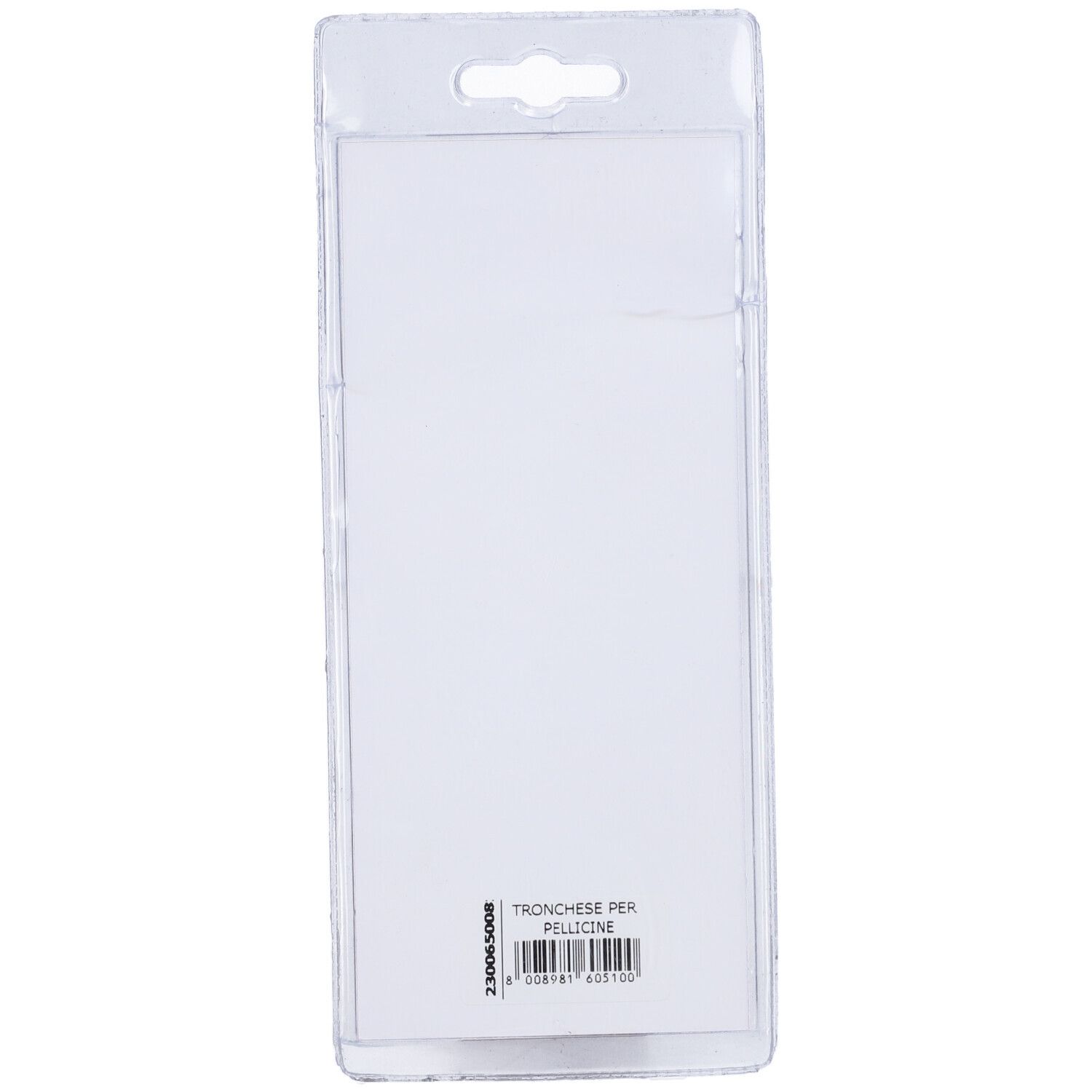 Retro della confezione blister. L'etichetta riporta "Tronchese per Pellicine".