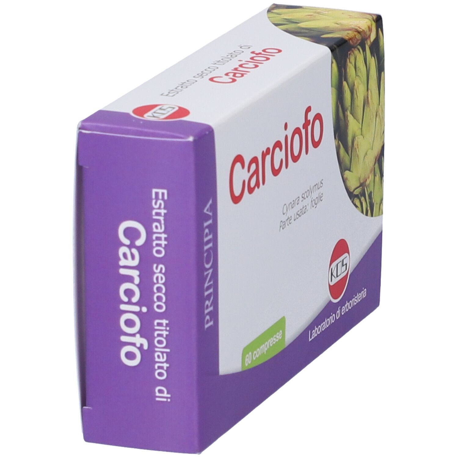 Scatola Carciofo, 60 compresse. Marchio KOS, Laboratorio di erboristeria. Immagine di carciofo.