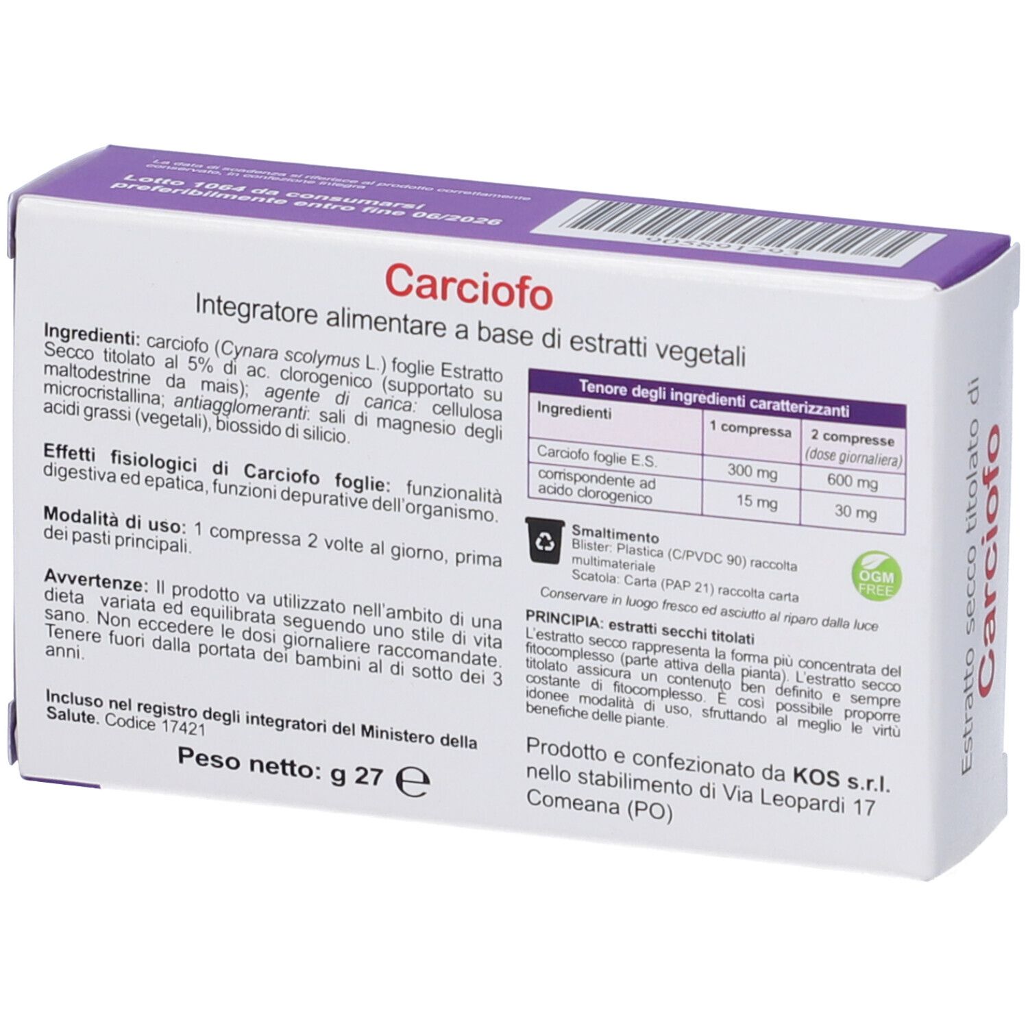 Retro della confezione Carciofo. Testo con ingredienti e dosaggio. Marchio KOS.