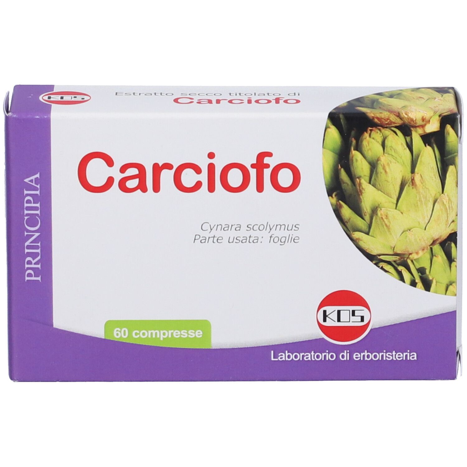 Scatola Carciofo, 60 compresse. Immagine di carciofo. Marchio KOS, Laboratorio di erboristeria.