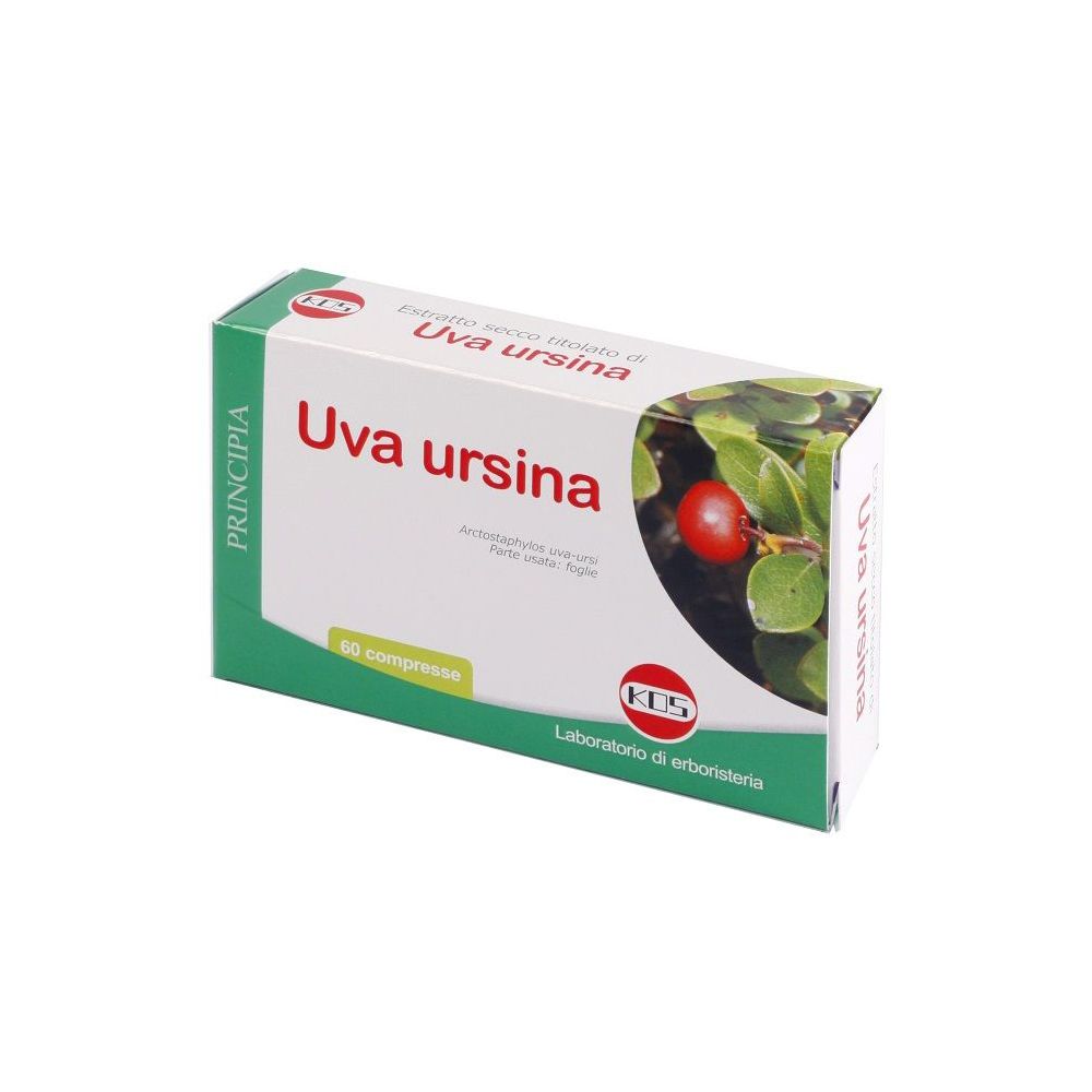 Scatola KOS Uva ursina Compresse. Confezione verde e bianca con nome del prodotto e immagine di bacca rossa.