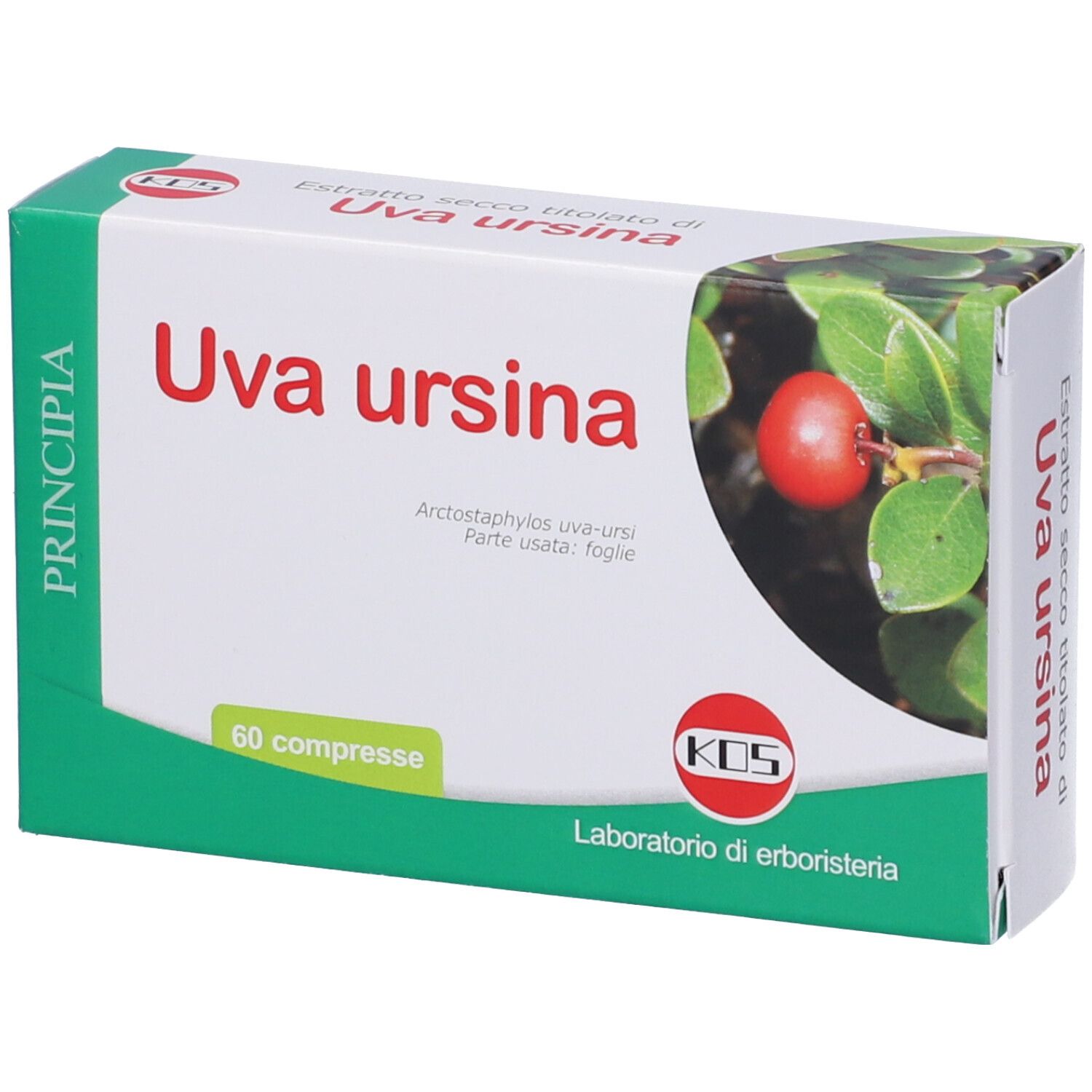Scatola KOS Uva ursina Compresse. Confezione verde e bianca con nome del prodotto e immagine di bacca rossa.