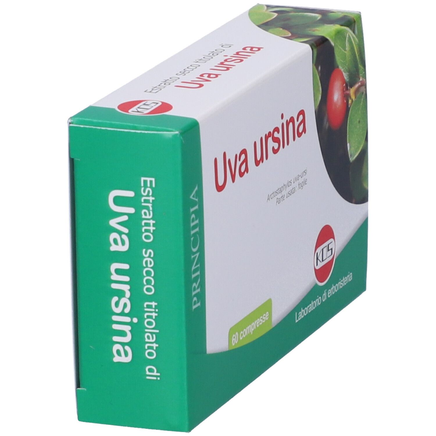 Scatola KOS Uva ursina Compresse. Confezione verde e bianca con nome del prodotto e immagine di bacca rossa.