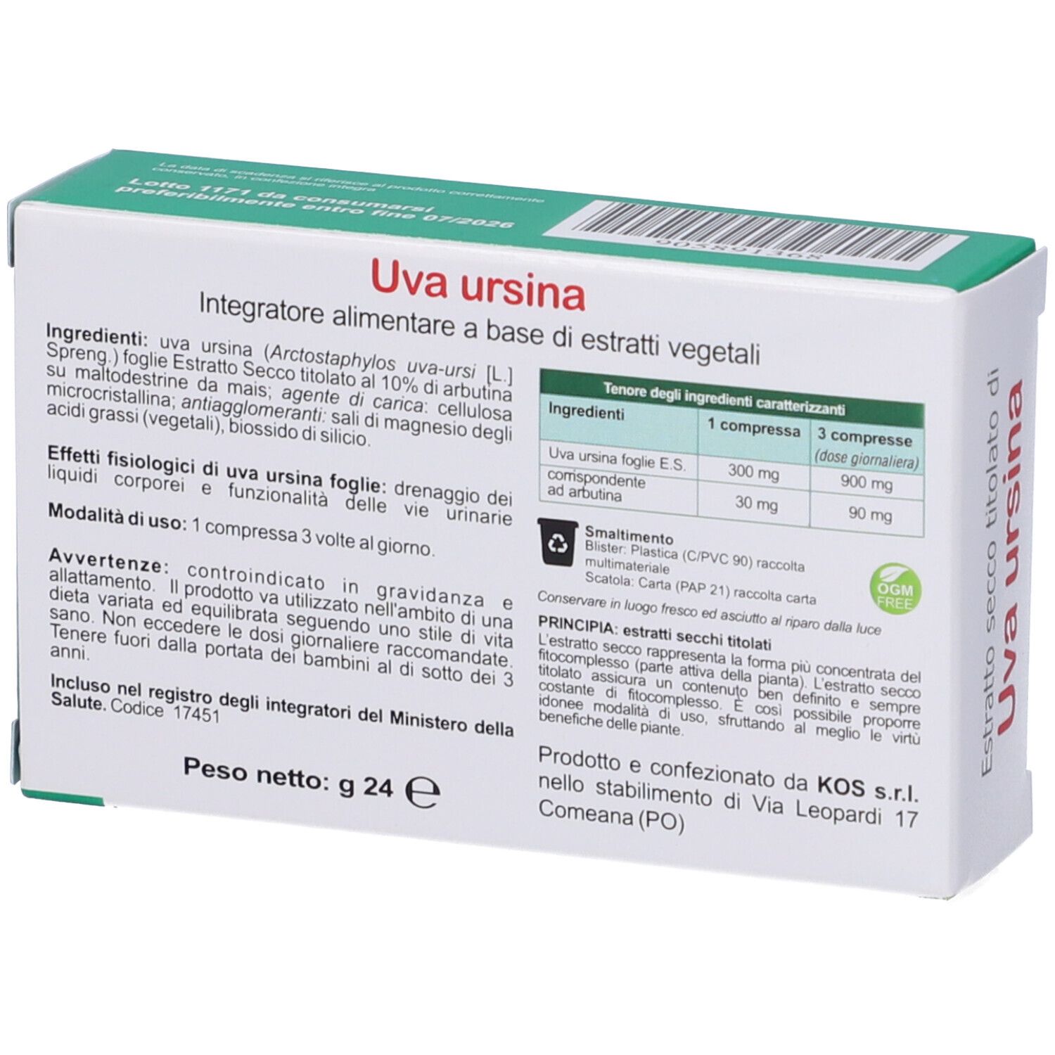 Retro della scatola KOS Uva ursina Compresse. Testo con ingredienti e informazioni nutrizionali su sfondo bianco.
