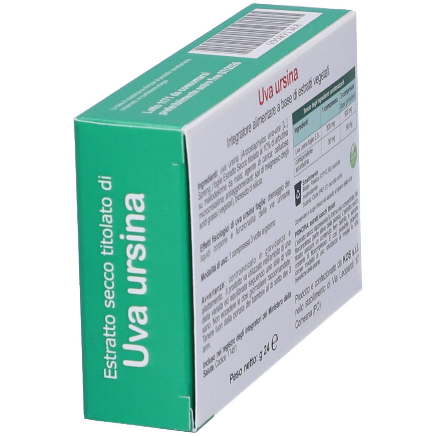 Scatola KOS Uva ursina Compresse. Confezione verde e bianca con testo e informazioni nutrizionali su sfondo bianco.