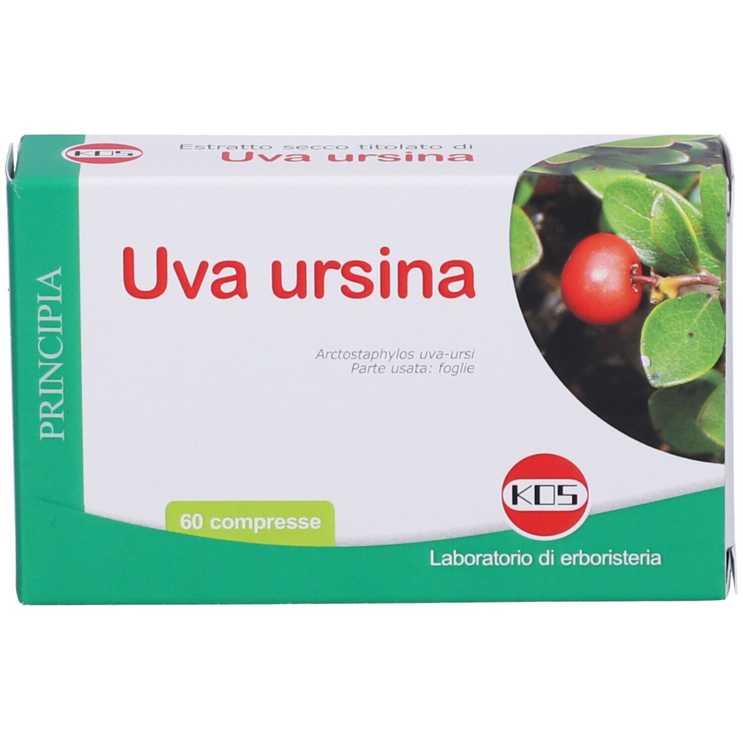 Scatola KOS Uva ursina Compresse. Confezione verde e bianca con nome del prodotto e immagine di bacca rossa.