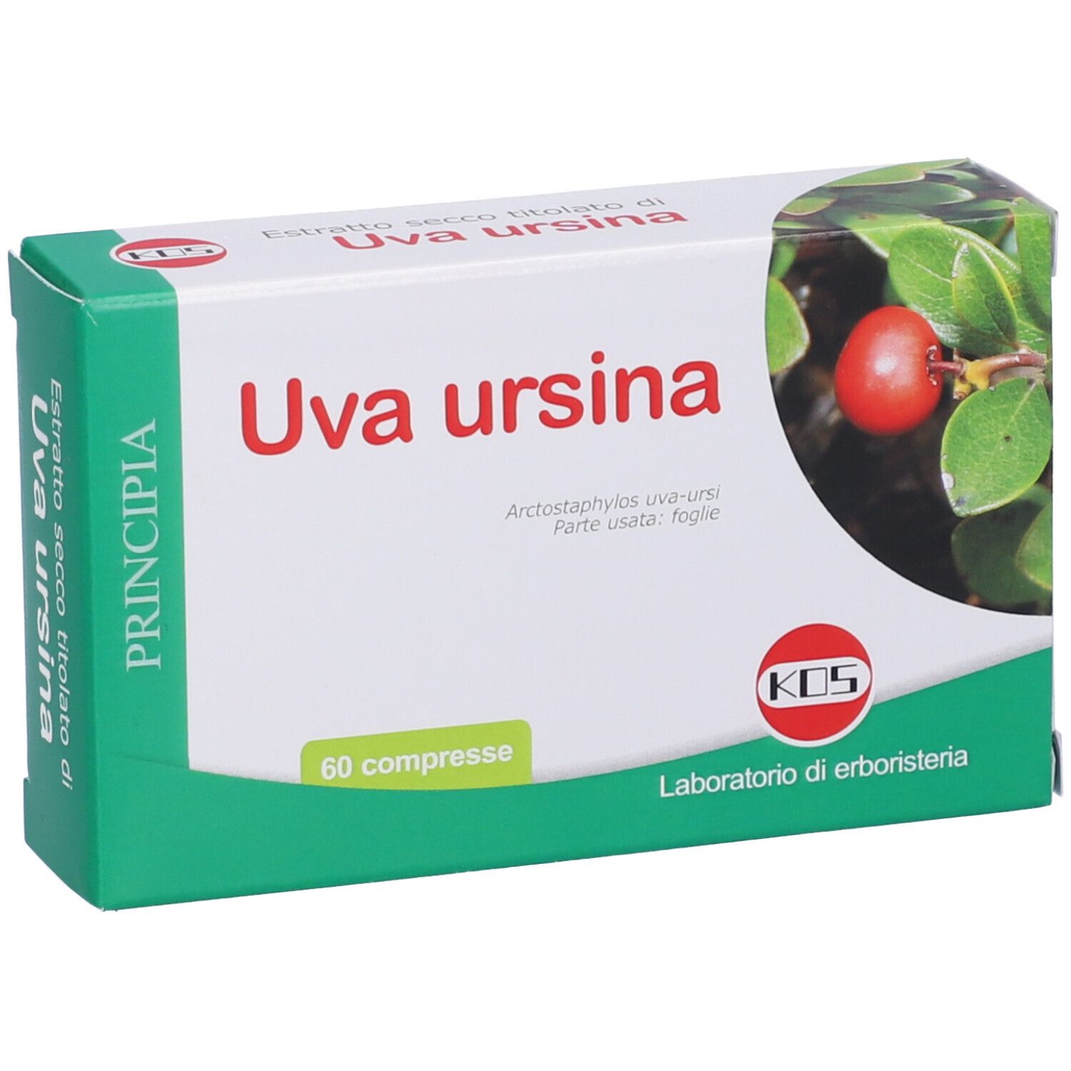 Scatola KOS Uva ursina Compresse. Confezione verde e bianca con nome del prodotto e immagine di bacca rossa.