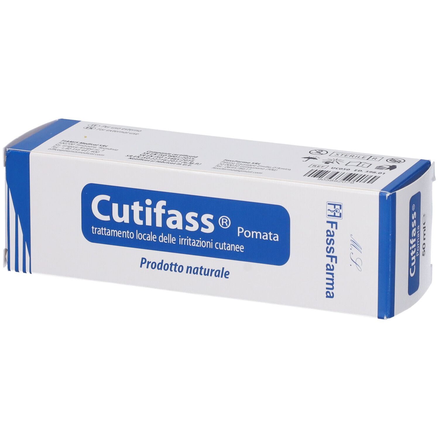 Confezione Cutifass Pomata. Scatola bianca e blu con nome e testo del prodotto. Logo FassFarama.
