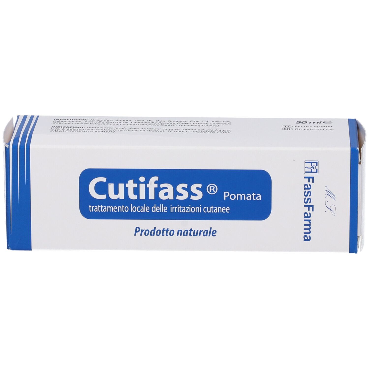 Confezione Cutifass Pomata. Scatola bianca e blu con nome e testo del prodotto. Logo FassFarama.