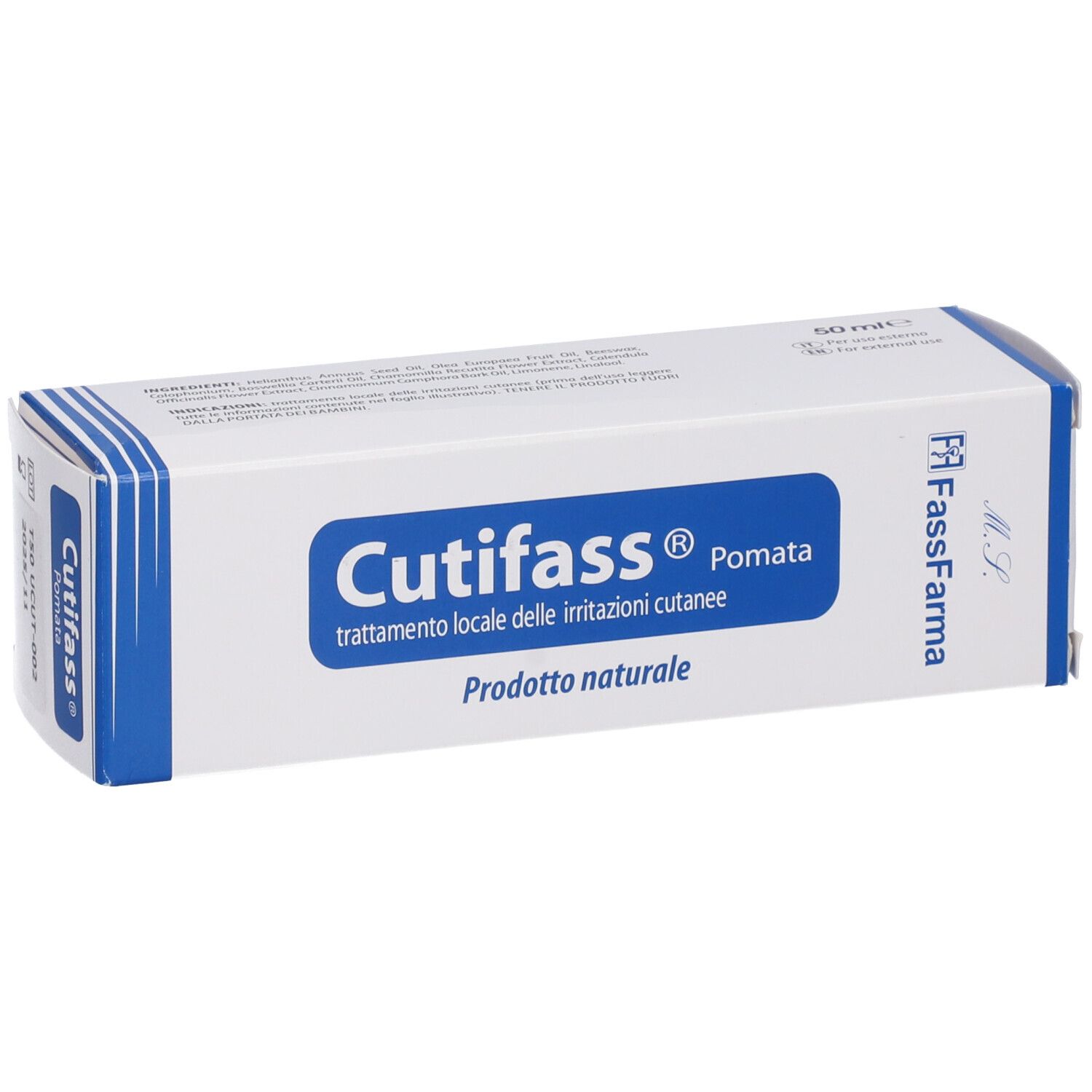 Confezione Cutifass Pomata. Scatola bianca e blu con nome e testo del prodotto. Logo FassFarama.