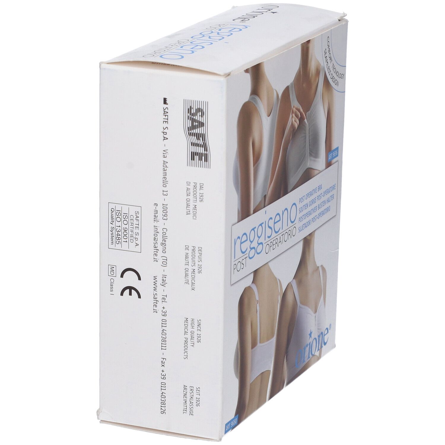 Vista laterale della confezione. Nome prodotto: Reggiseno Post-Operatorio. Marchio SA. Marchio CE.