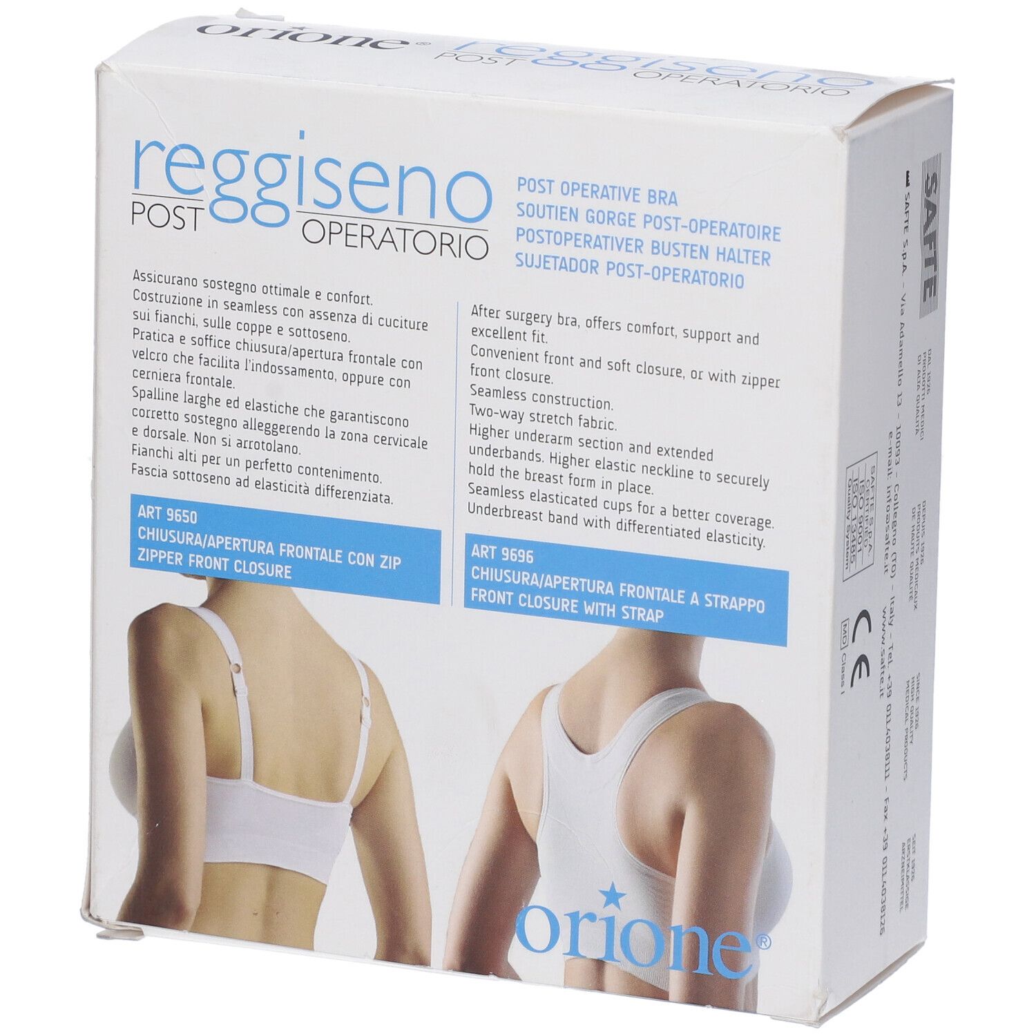 Confezione. Nome prodotto: Reggiseno Post-Operatorio. Descrizione multilingue. Marchio Orione.