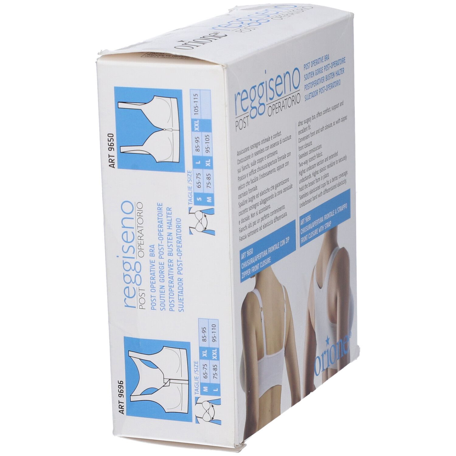 Confezione. Nome prodotto: Reggiseno Post-Operatorio. Informazioni sulle taglie. Marchio Orione.