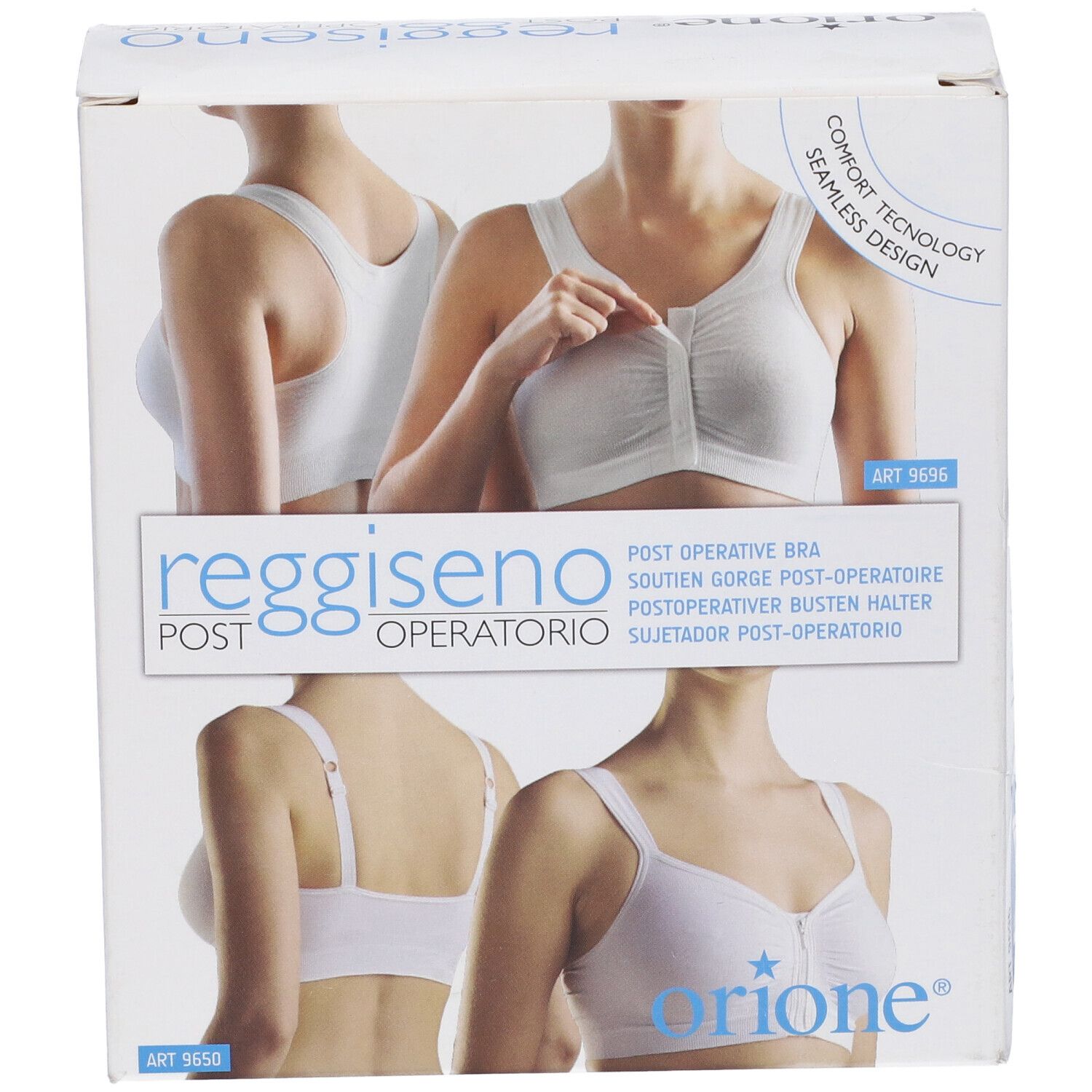 Confezione del prodotto Reggiseno Post-Operatorio. Diverse illustrazioni del prodotto. Marchio Orione.