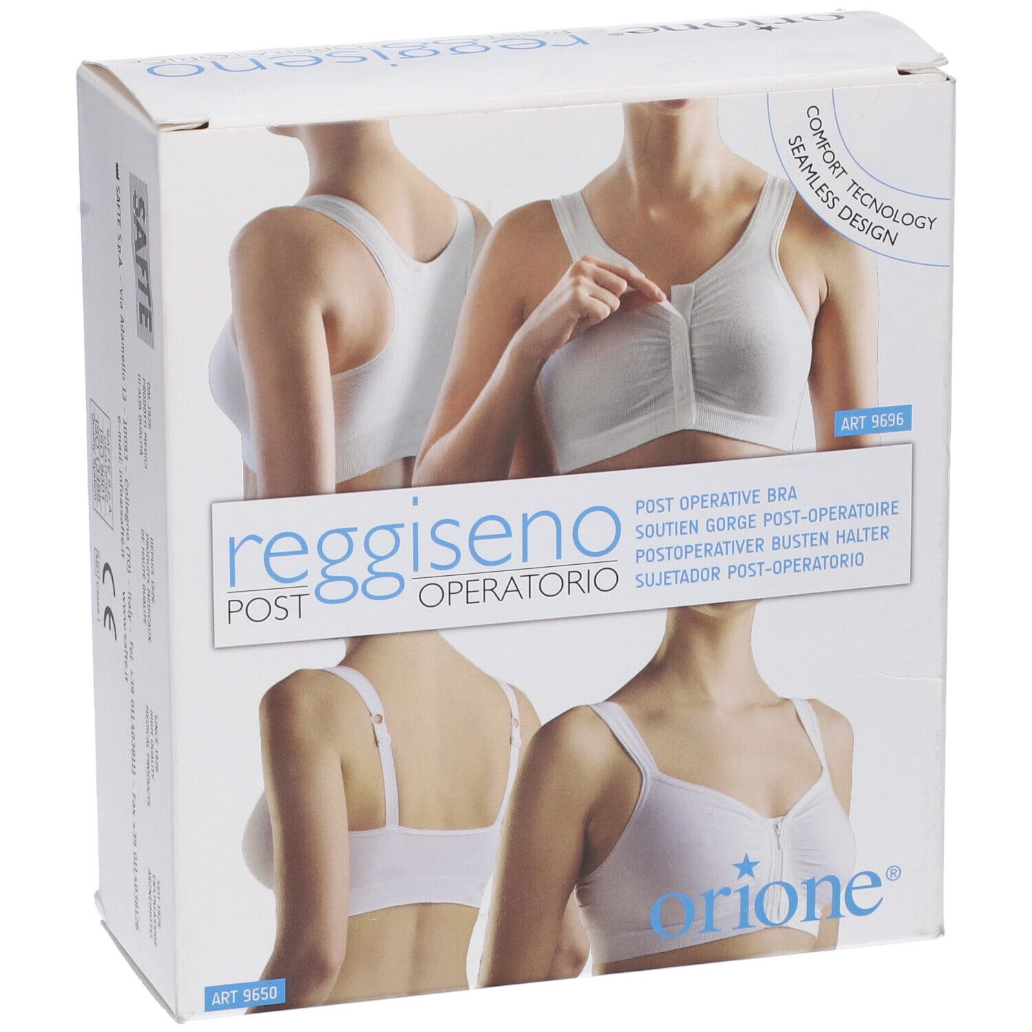 Confezione del prodotto Reggiseno Post-Operatorio. Diverse illustrazioni del prodotto. Marchio Orione.