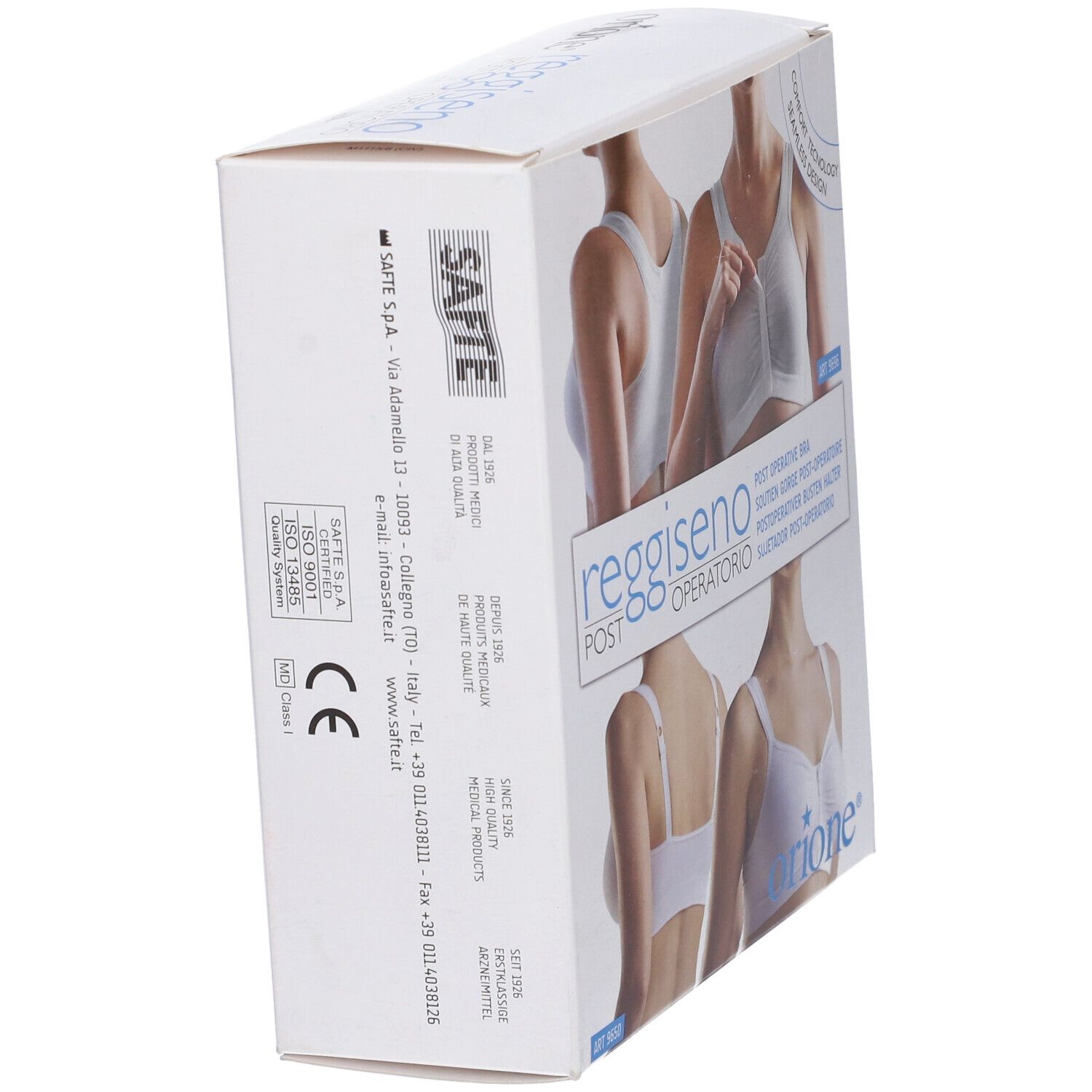 Vista laterale della confezione del reggiseno post-operatorio. Mostra informazioni e loghi. Marchio SAFT.