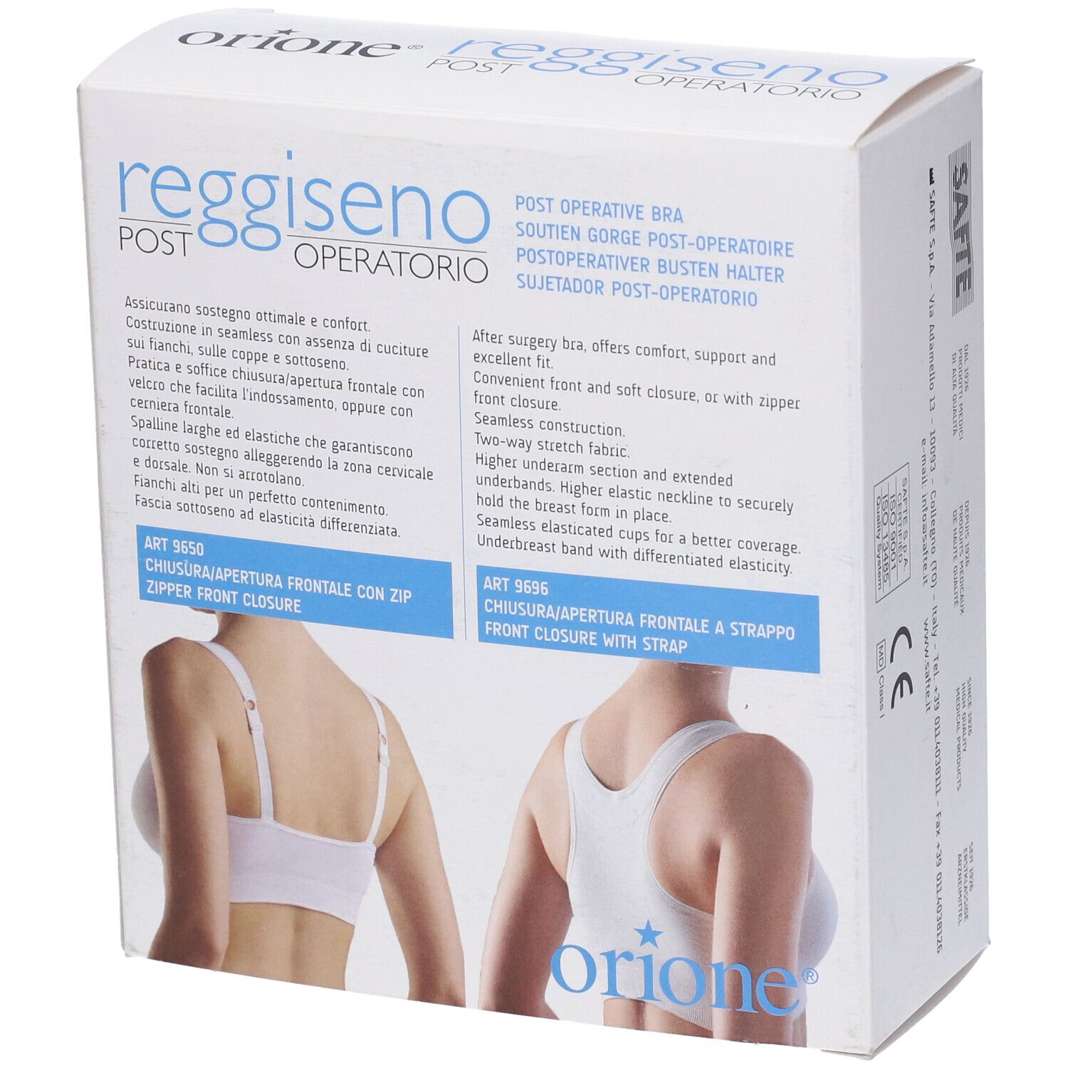 Confezione del reggiseno post-operatorio. Testo multilingue. Marchio Orione. Modelli con zip e strappo.