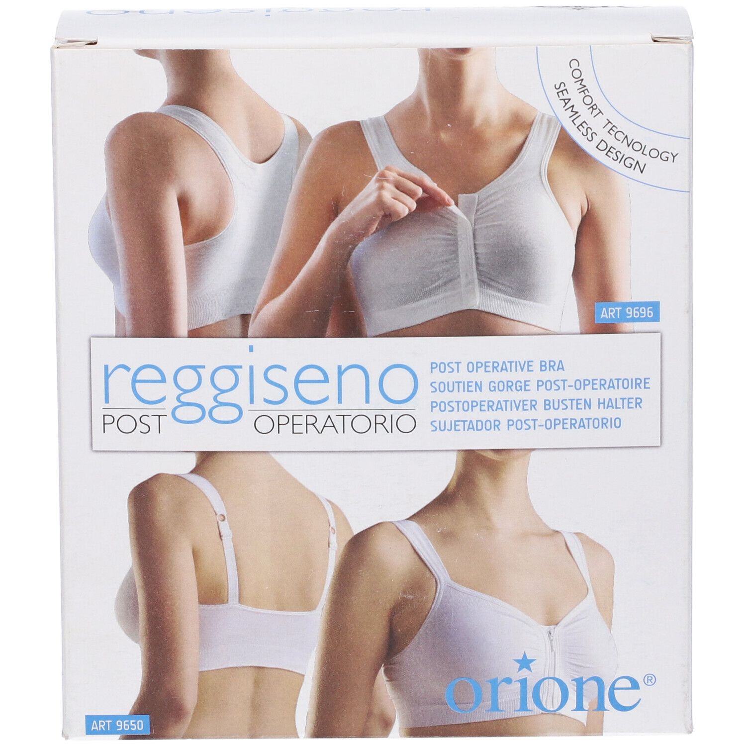 Confezione del reggiseno post-operatorio. Mostra il prodotto e il nome in più lingue. Marchio Orione.