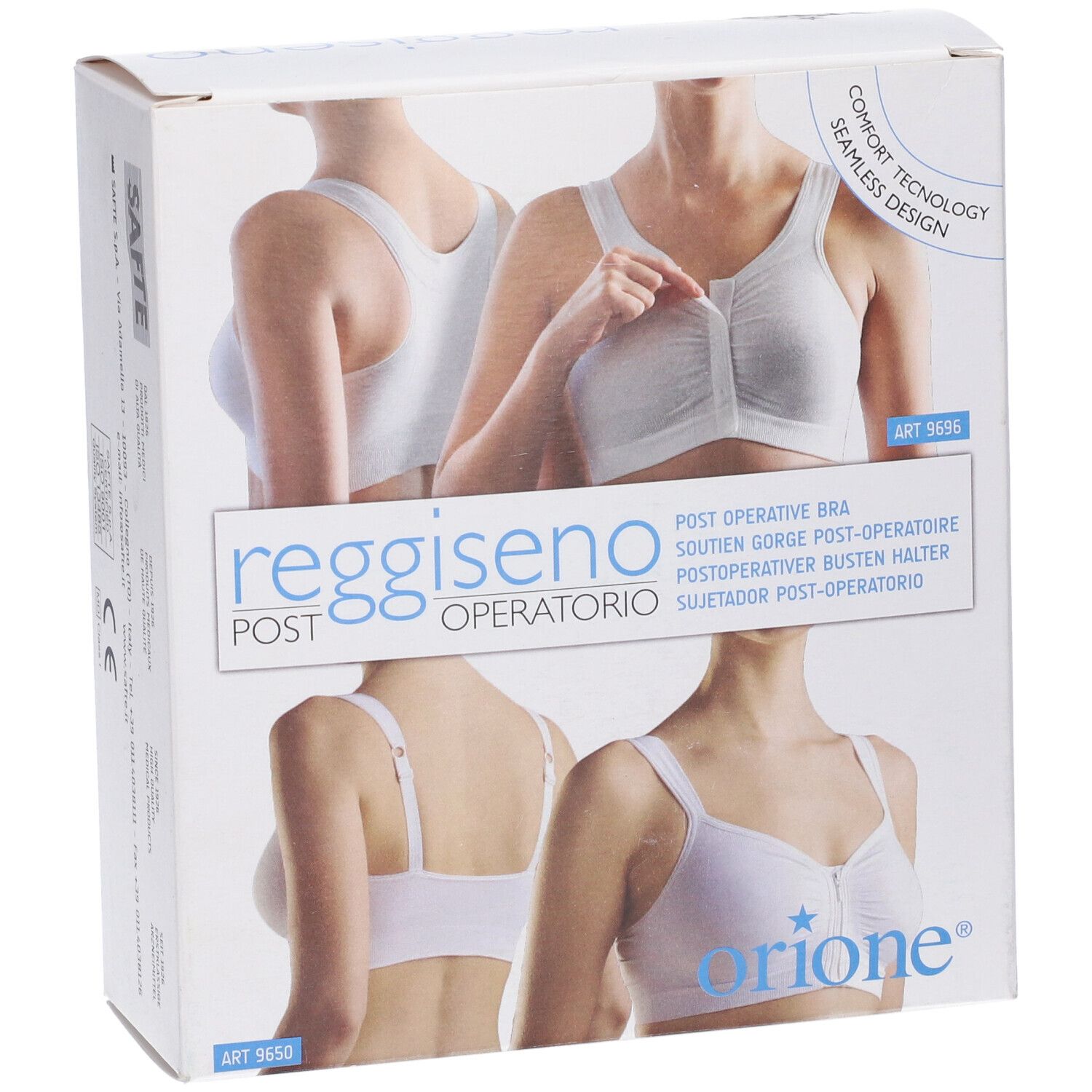 Confezione del reggiseno post-operatorio. Mostra il prodotto e il nome in più lingue. Marchio Orione.
