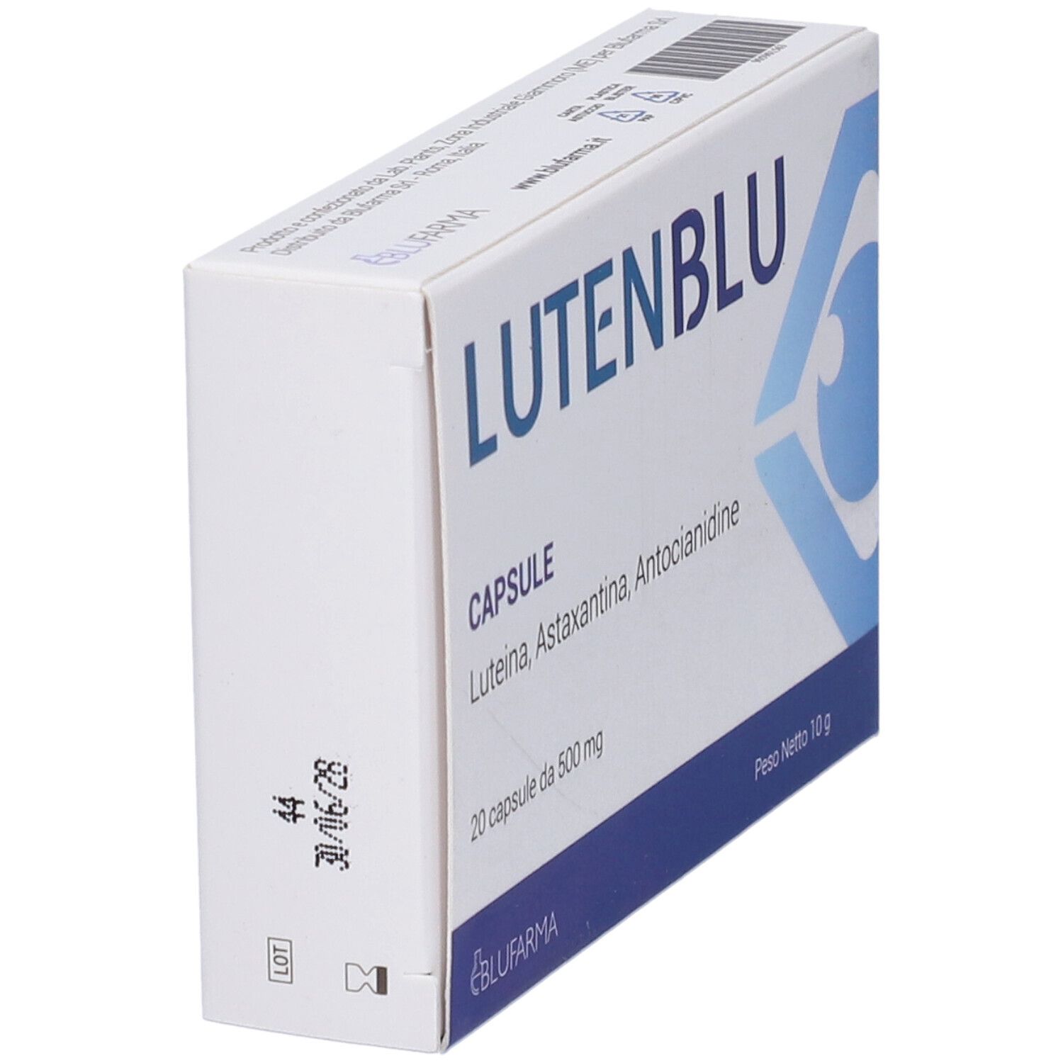 Scatola bianca LutenBlu, vista laterale. Contiene 20 capsule. Informazioni e data di scadenza sul lato.