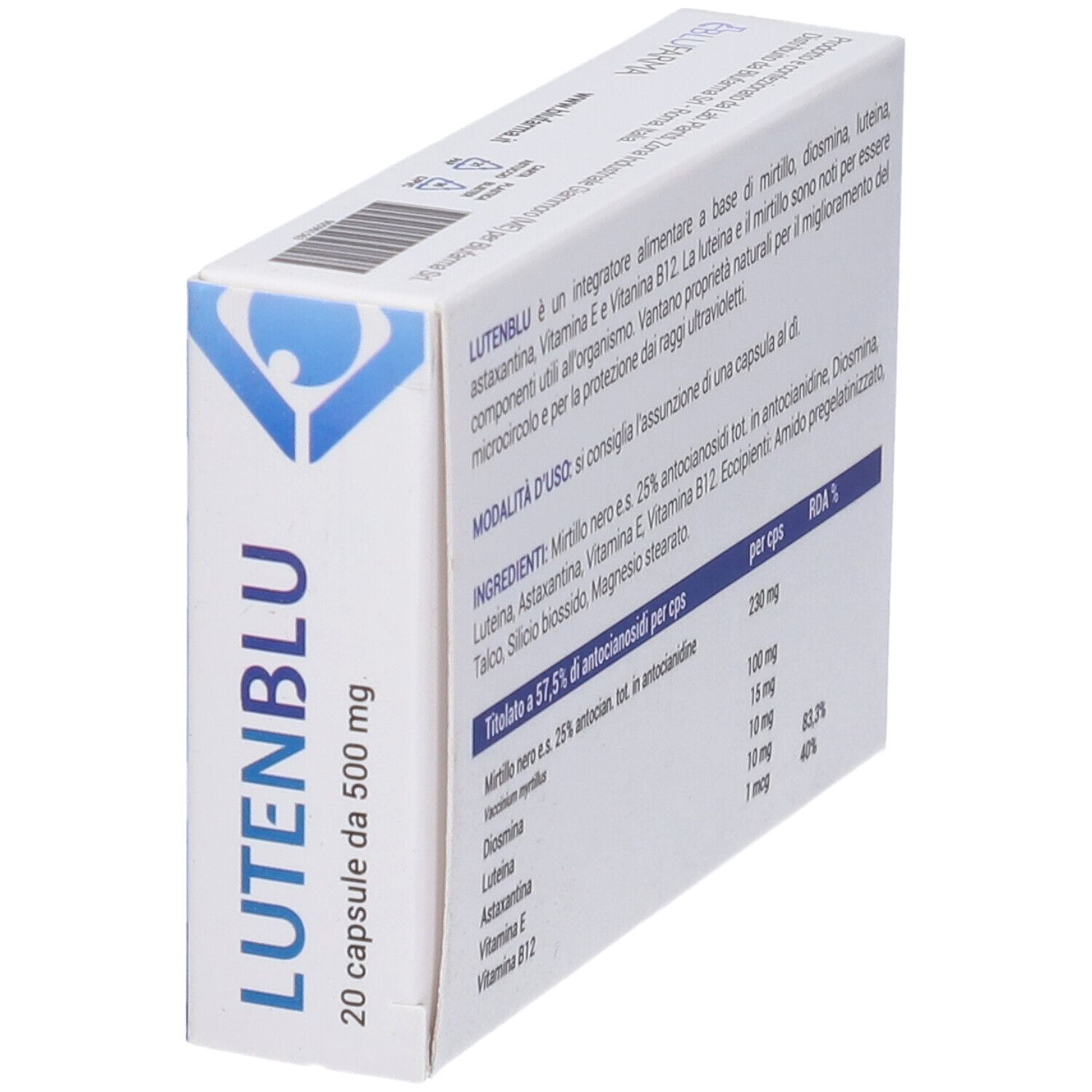 Scatola LutenBlu, vista laterale. Contiene 20 capsule. Informazioni e data di scadenza sul lato.