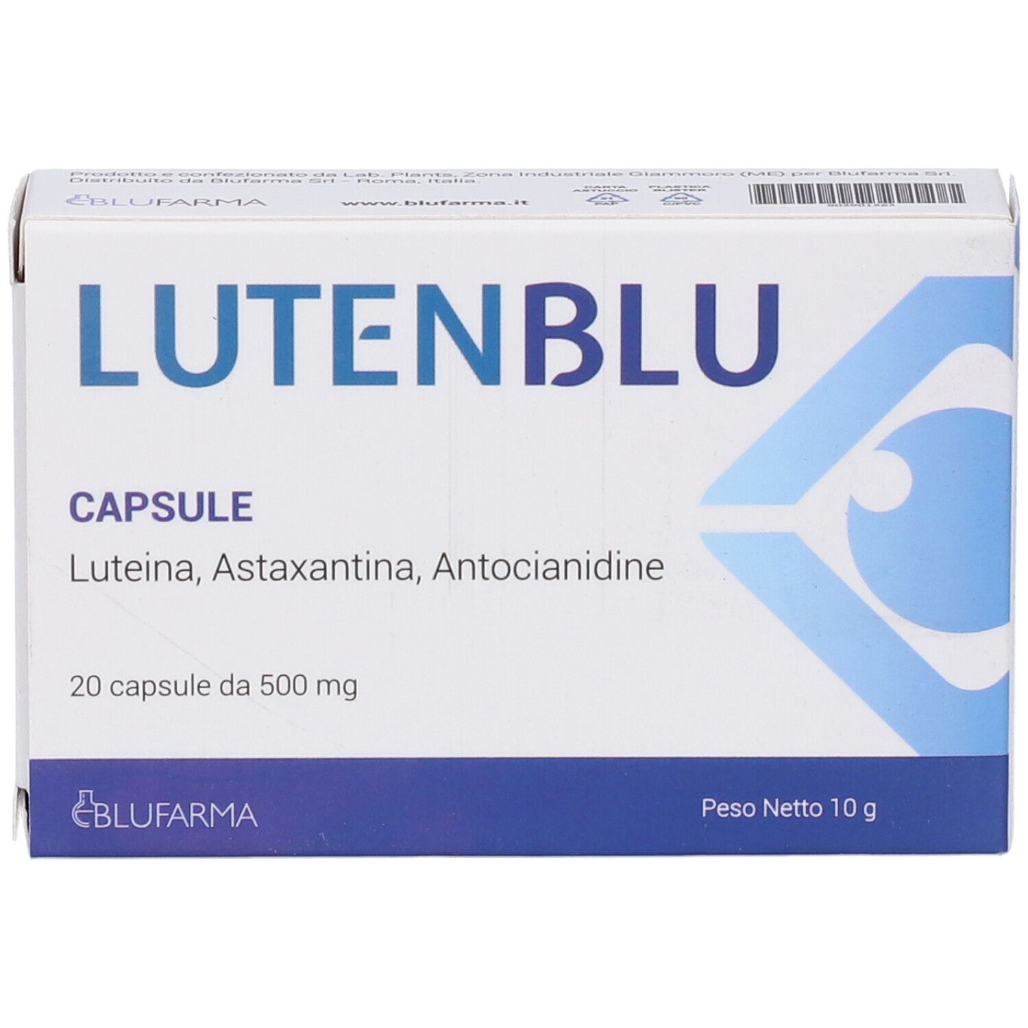 Scatola bianca LutenBlu con 20 capsule. Contiene ingredienti e un occhio blu. Peso netto 10 g.