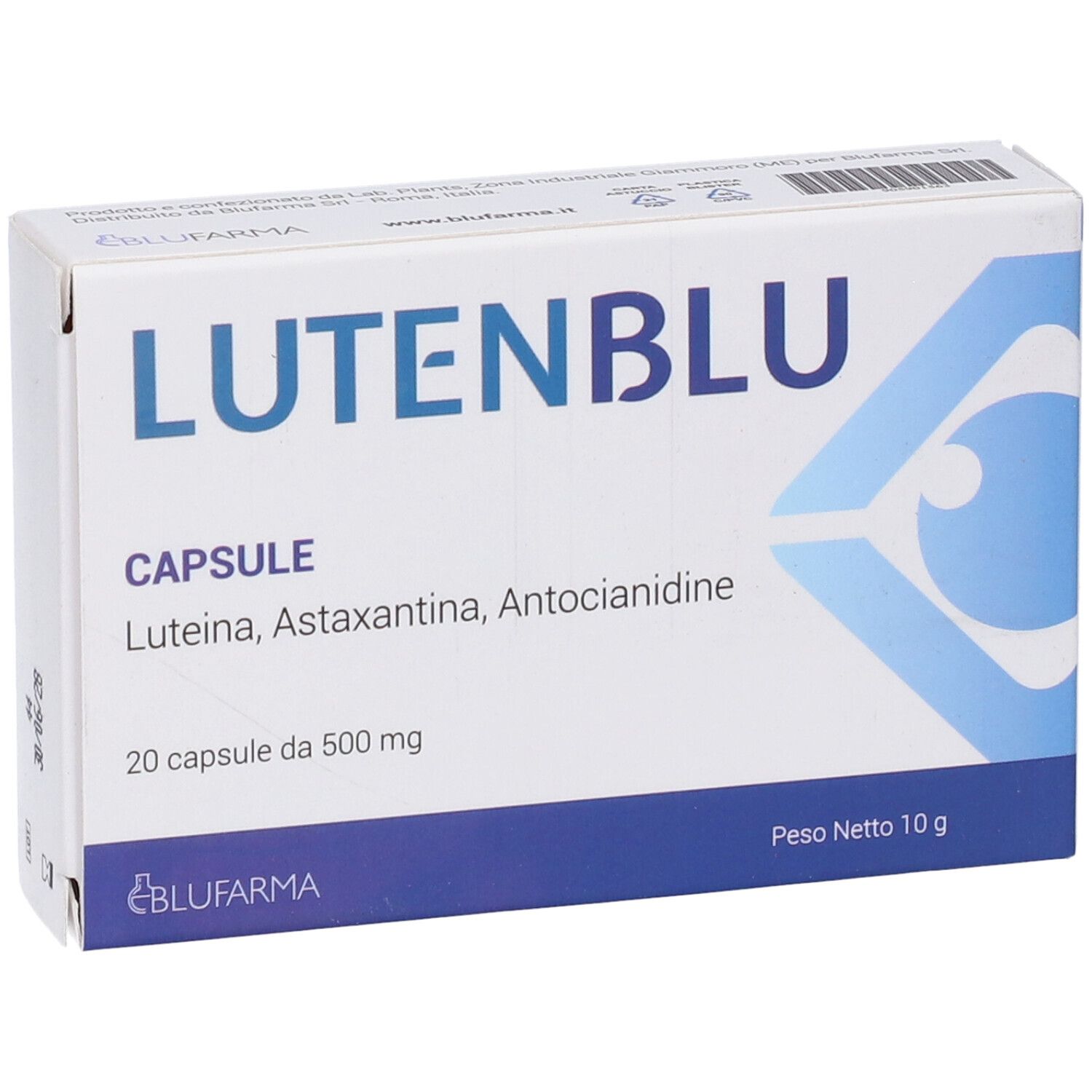 Scatola bianca LutenBlu con 20 capsule. Contiene ingredienti e un occhio blu. Peso netto 10 g.