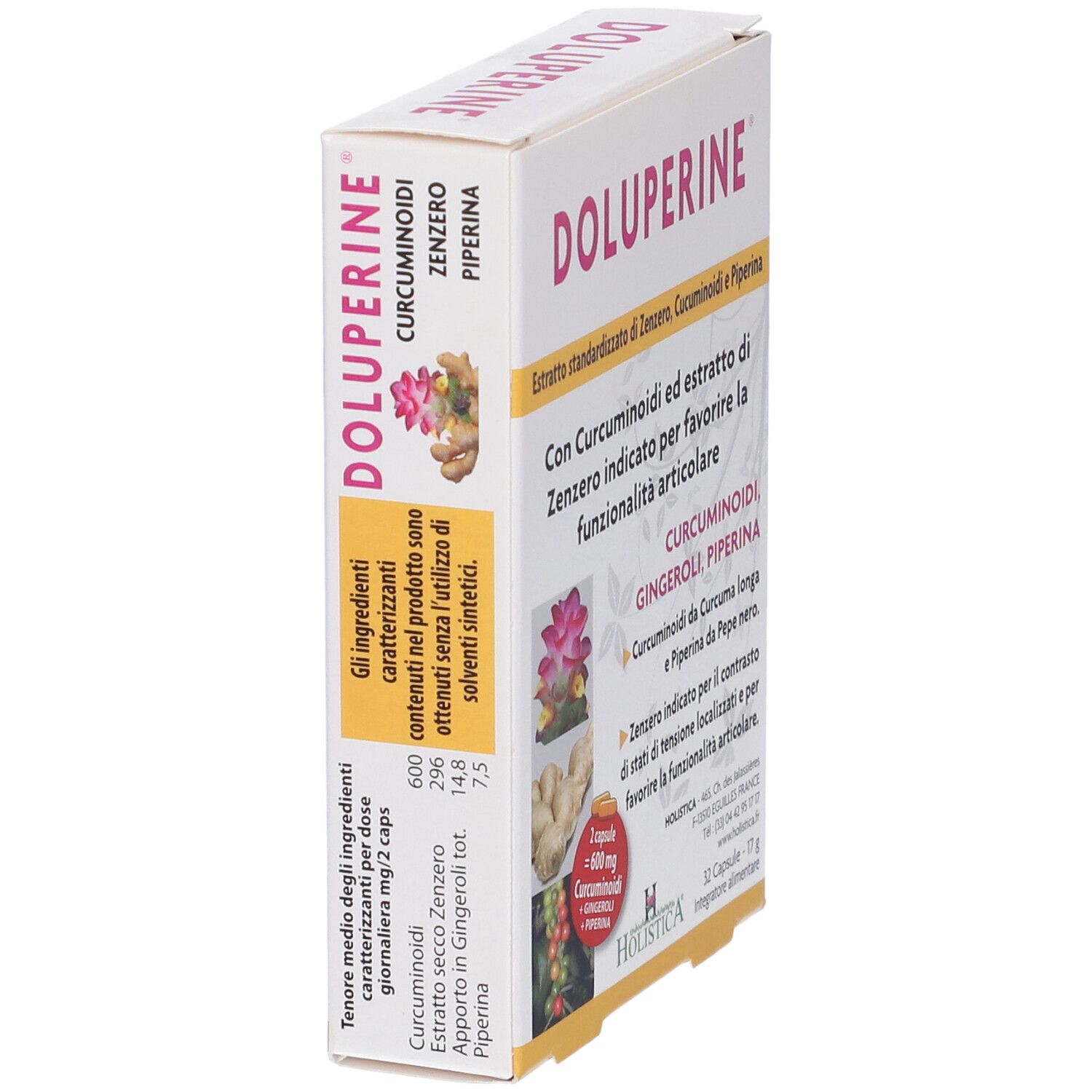 Scatola Holistica Doluperine, angolata. Confezione bianca con nome e informazioni. 32 capsule.