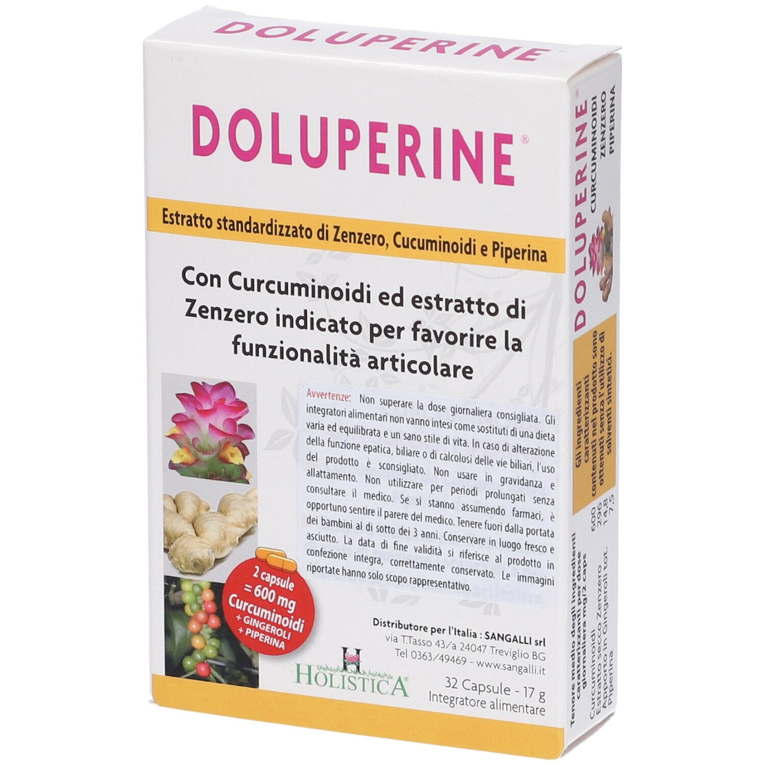 Scatola Holistica Doluperine. Confezione bianca con nome e informazioni. 32 capsule.